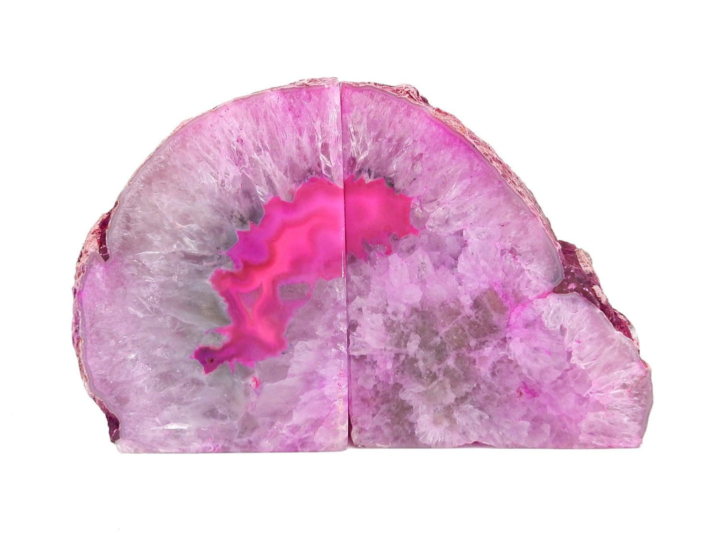 Pink agate bookend pair on a white background.