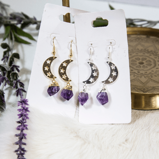 amethyst gemstone earrings with moon accent available in silver or gold
