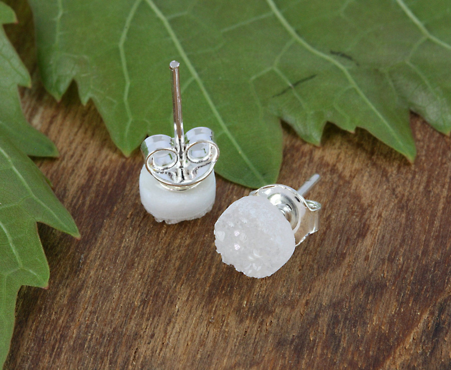white Round Druzy Stud Earrings in silver