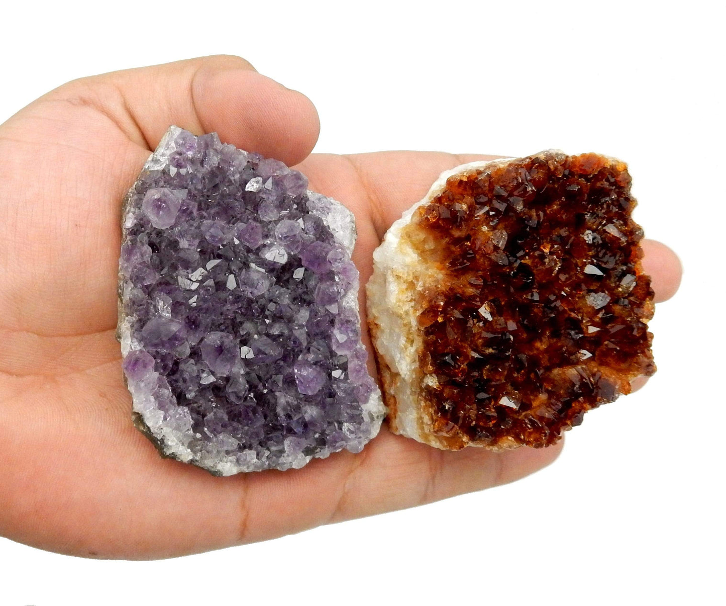 amethyst chunk and citrine chunk are being held for size reference.