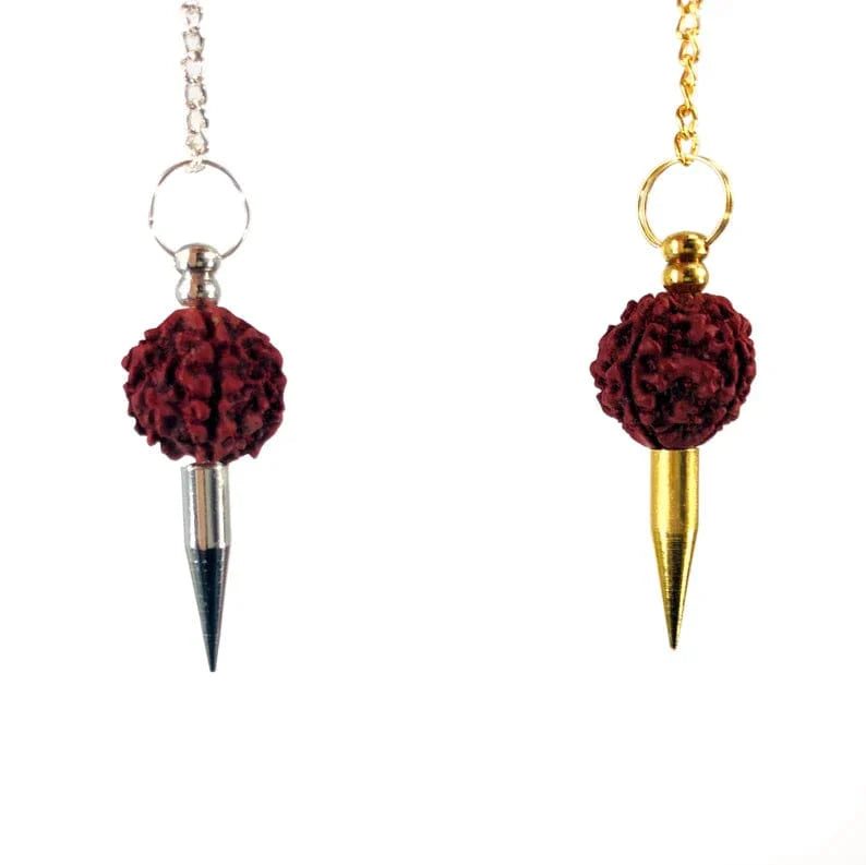 Two radruska pendulums on a white background They have a brown radruska bead with a silver spike or a gold spike.