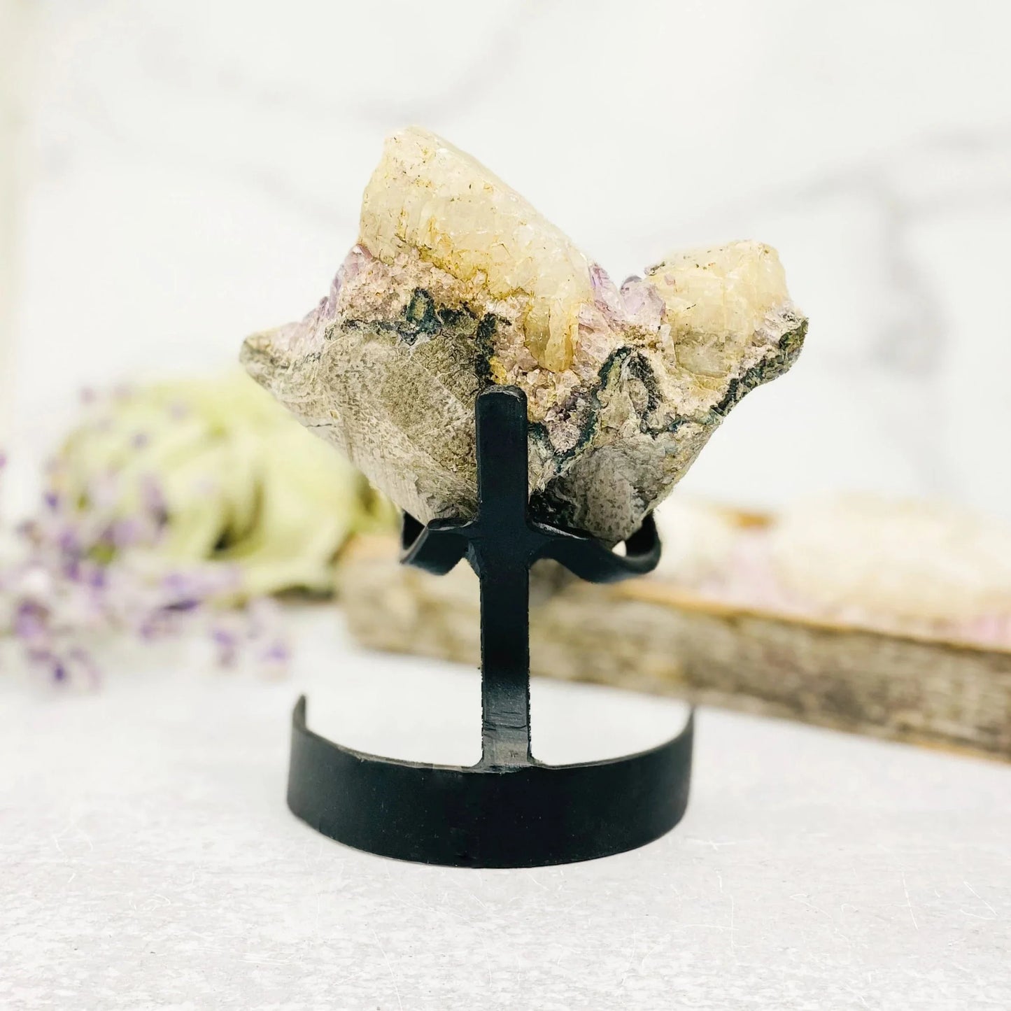 amethyst with decorations in the background