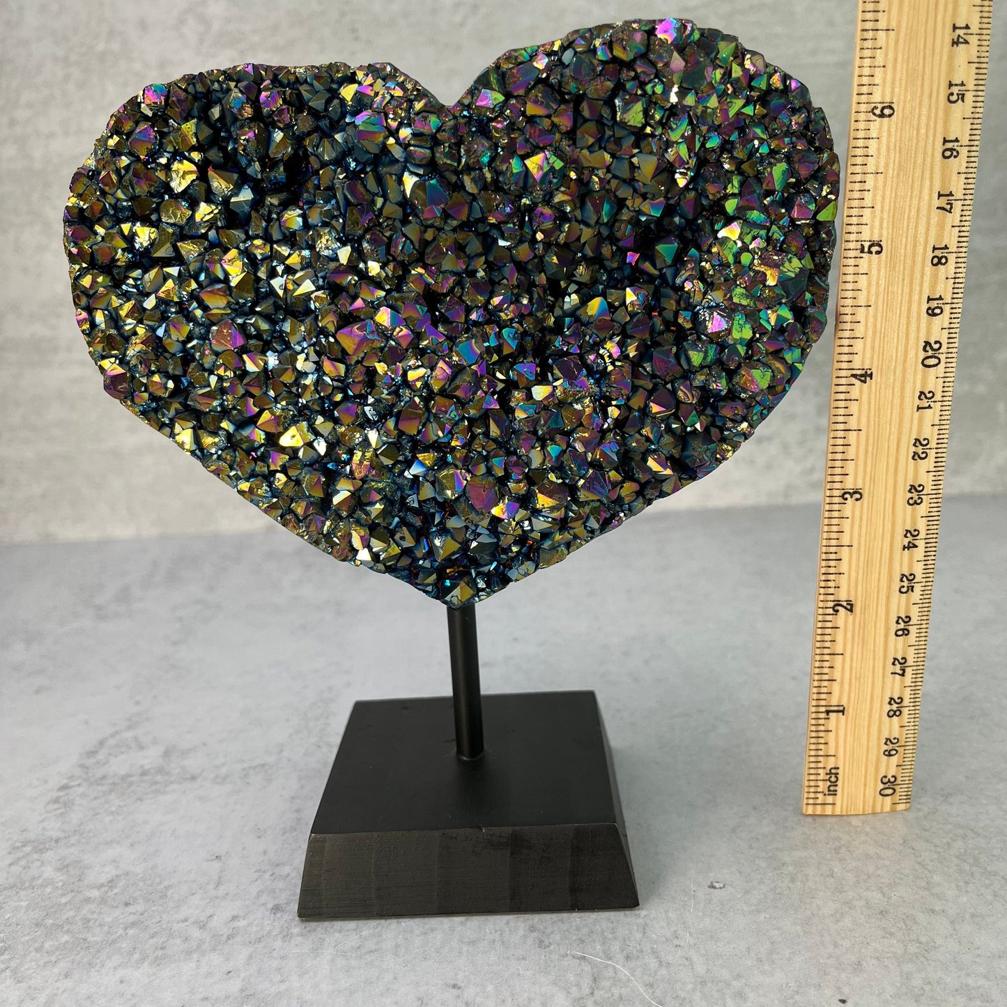 Amethyst Rainbow Titanium Heart on a Wood Stand - OOAK - with Measurements