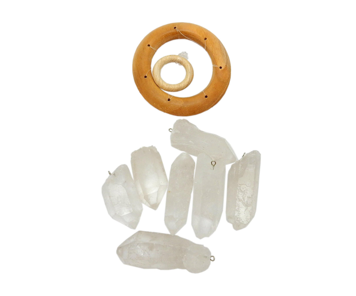 wind chime displayed to show the wooden hanging top and crystals