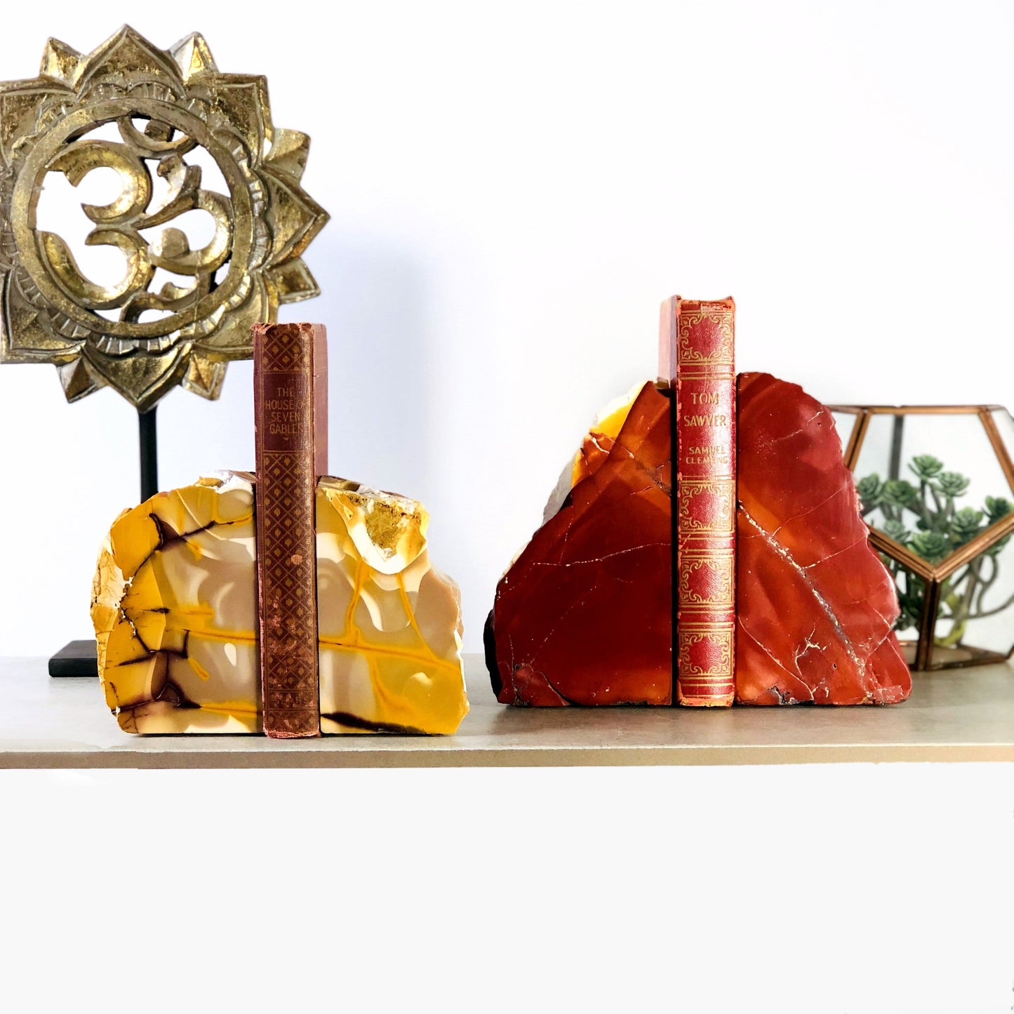 Mookaite Bookend sets displayed with a book in the center