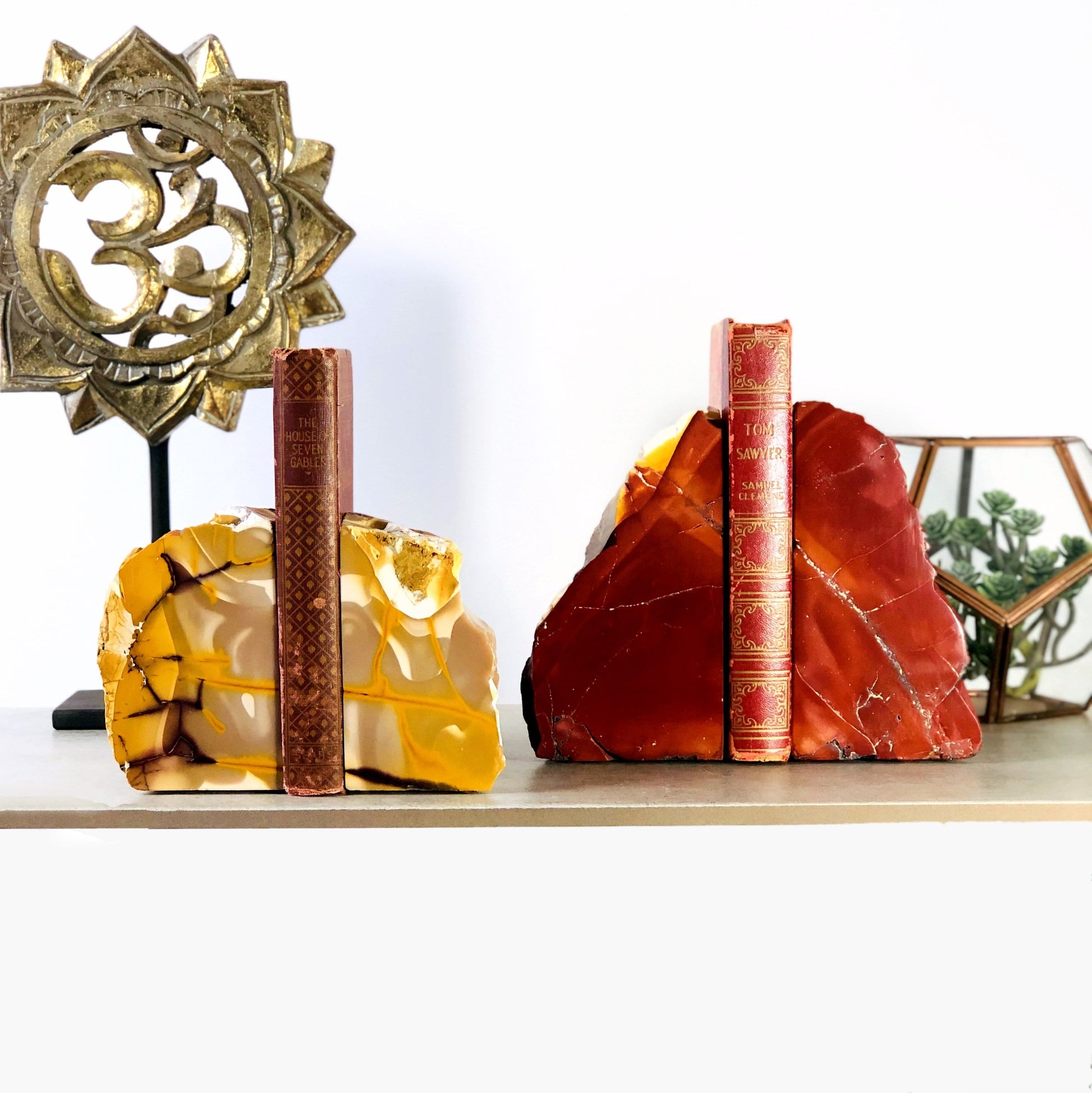 Mookaite Bookend sets displayed with a book in the center