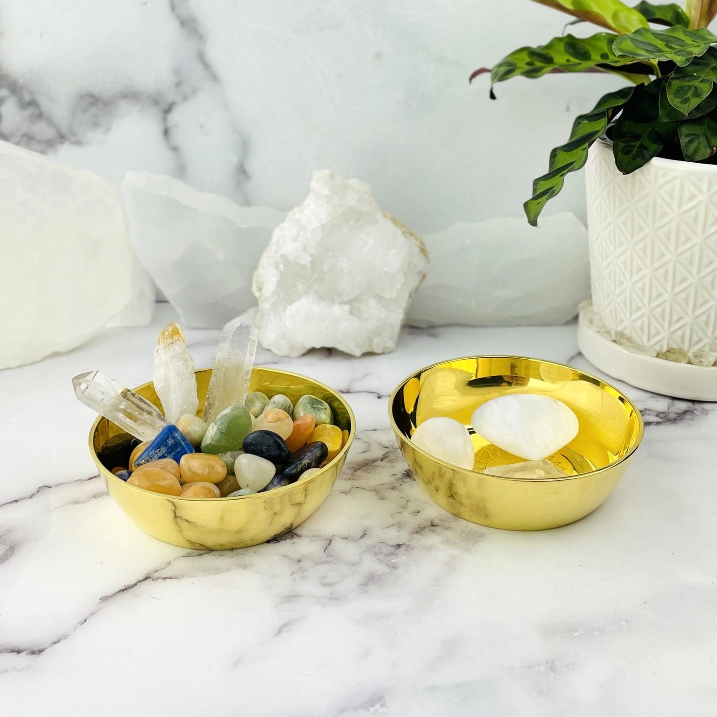 Side by side Brass Offering Bowls with different types of crystals inside  (crystals not included)