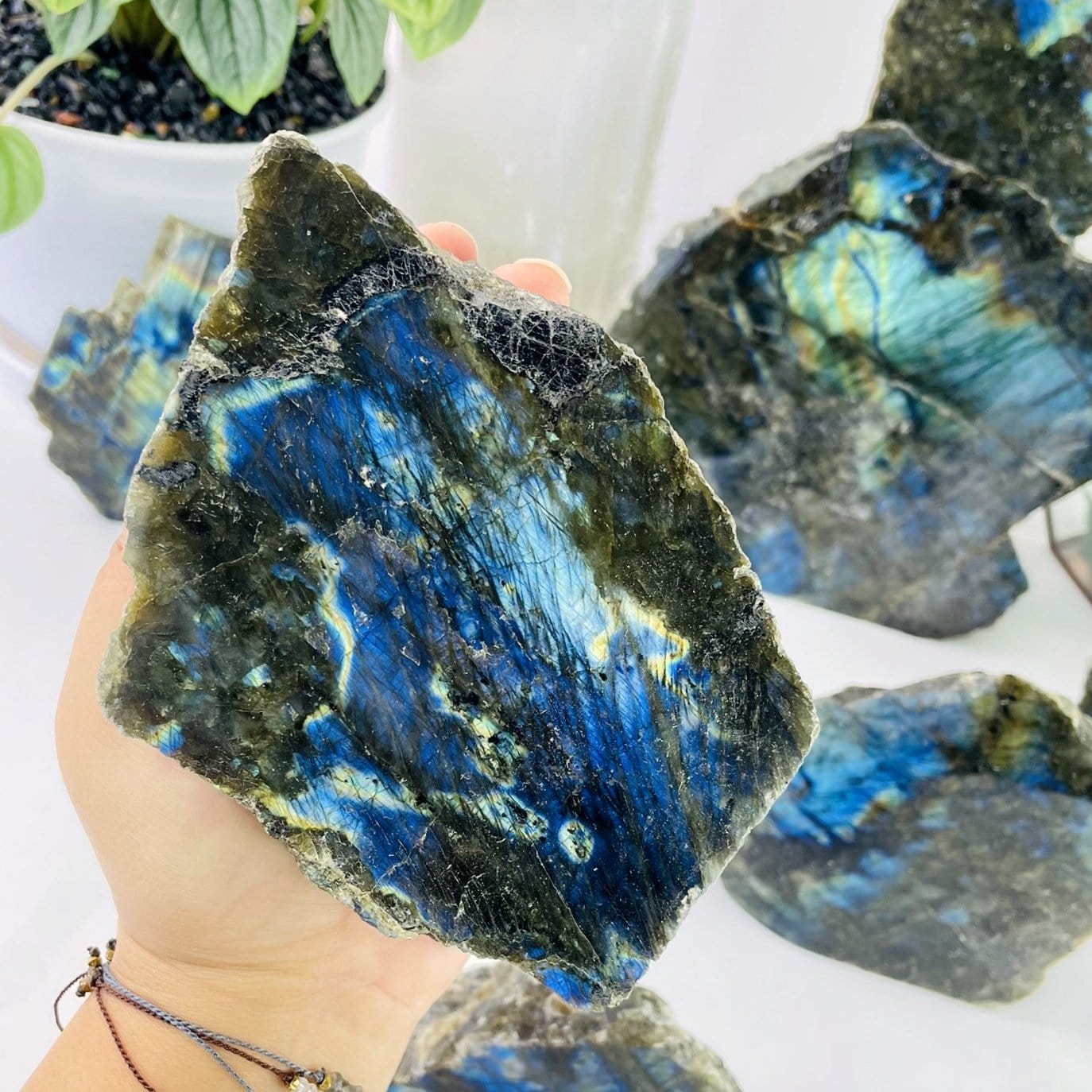 labradorite Cut Base Semi-Polished Stone displayed in hand for size reference
