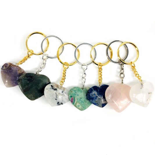 Gemstone Crystal Heart Keychains - Variety of Stones - 10 Pack