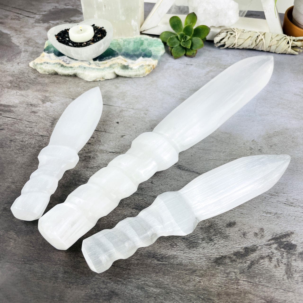 3 sizes of Selenite Knives with Twisted Handles