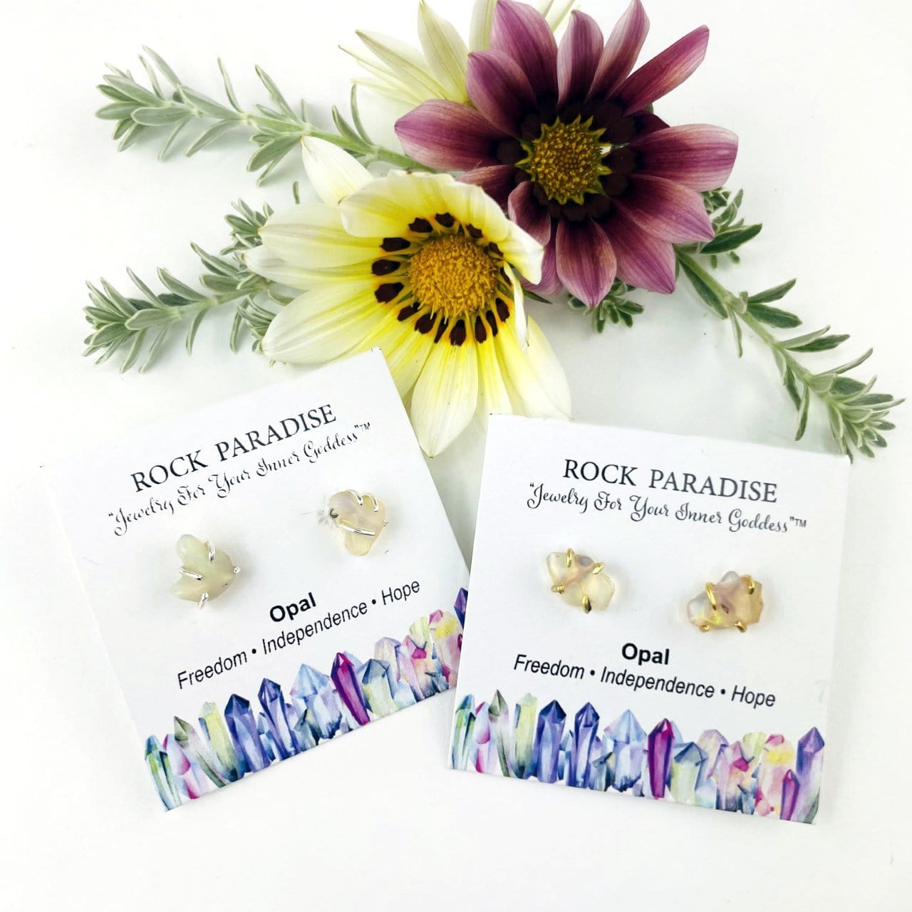 Gemstone Stud Earrings, showing here opal in gold and silver