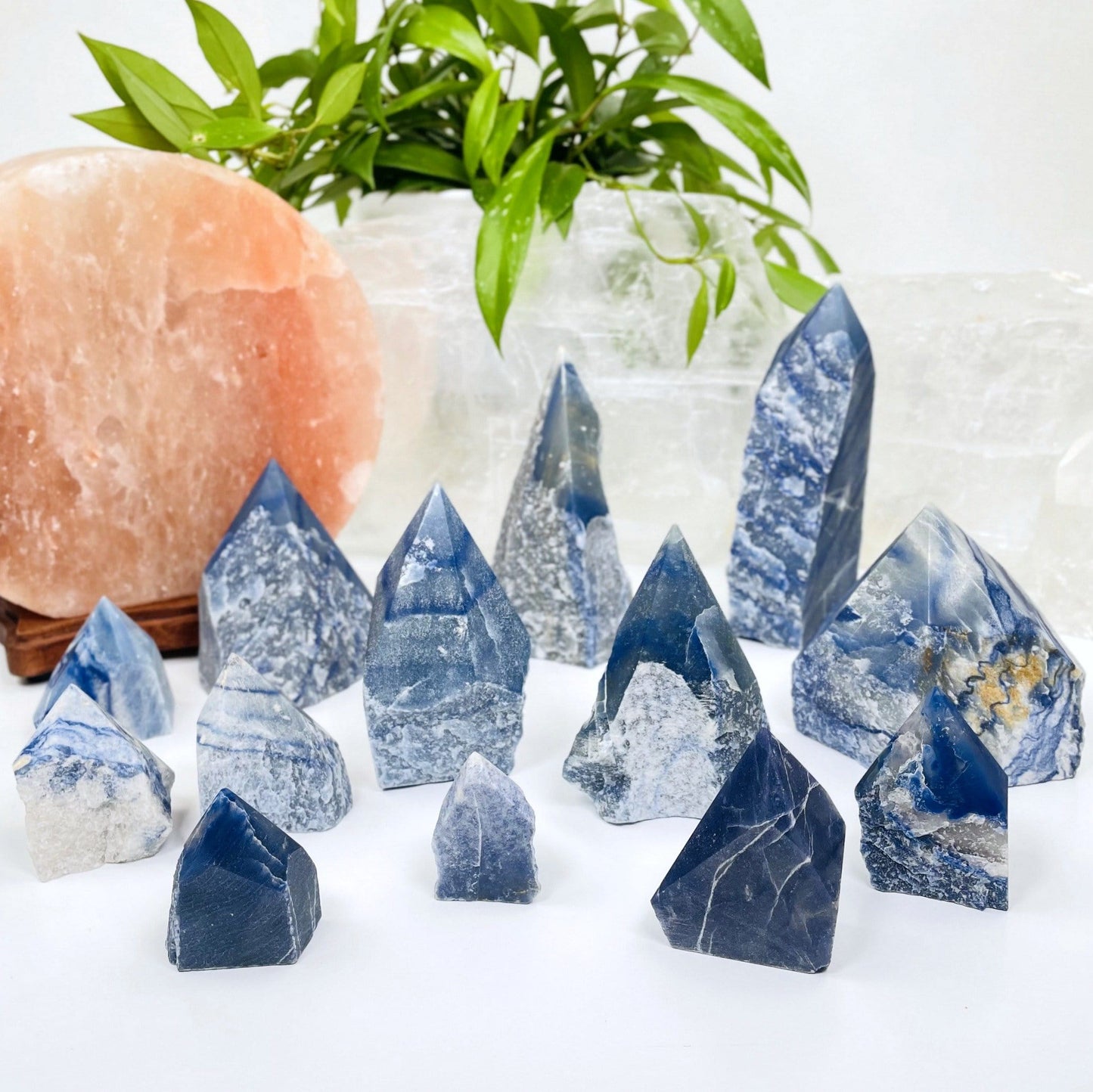 multiple blue quartz points showing different sizes and patterns 