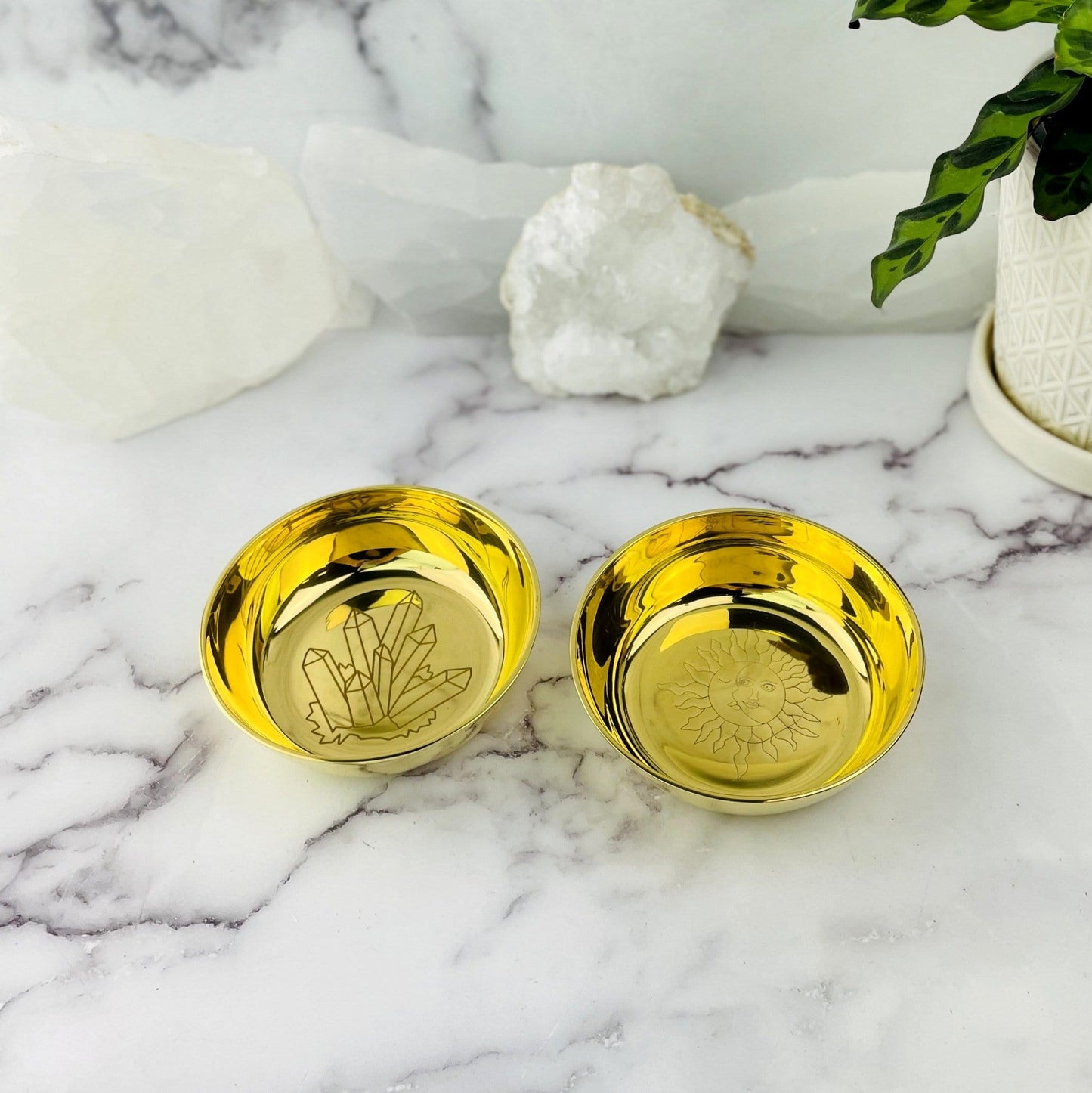 Brass Offering Bowls in both sun and moon and crystals 