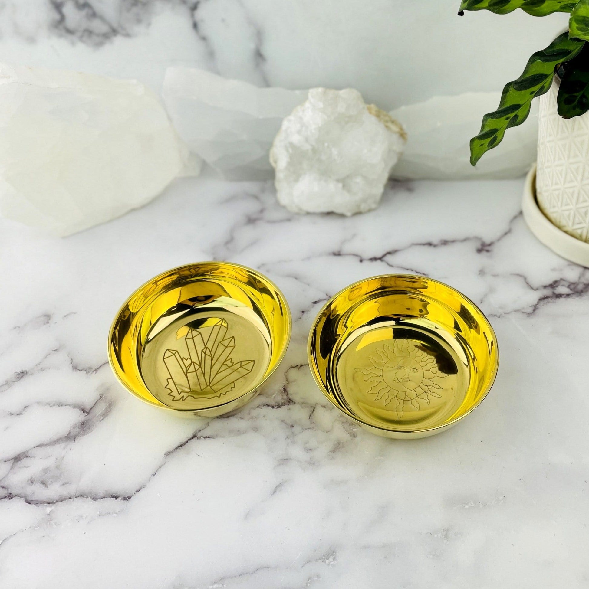 Brass Offering Bowls in both sun and moon and crystals 