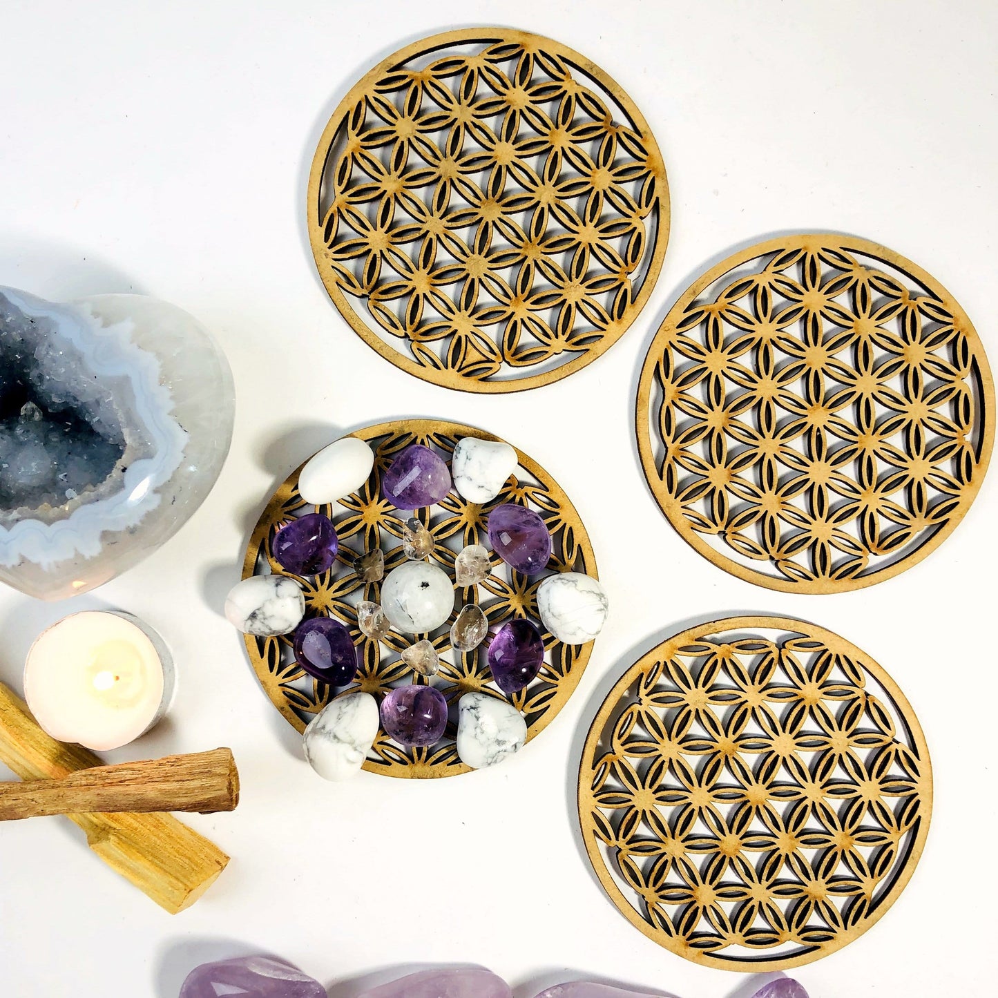 grid with  crystals on it and 3 circled around it 