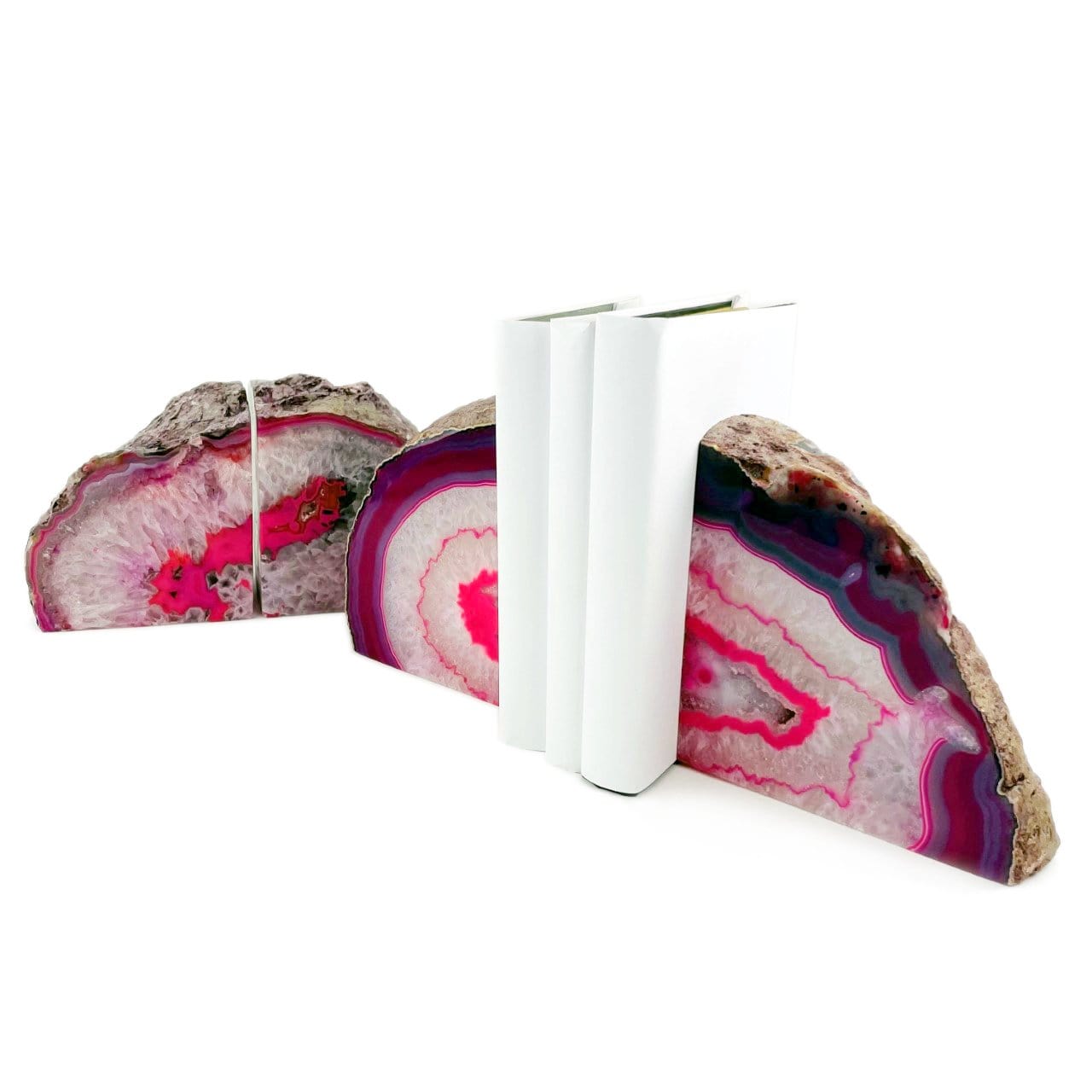 two Pink agate bookend pair on a white background.