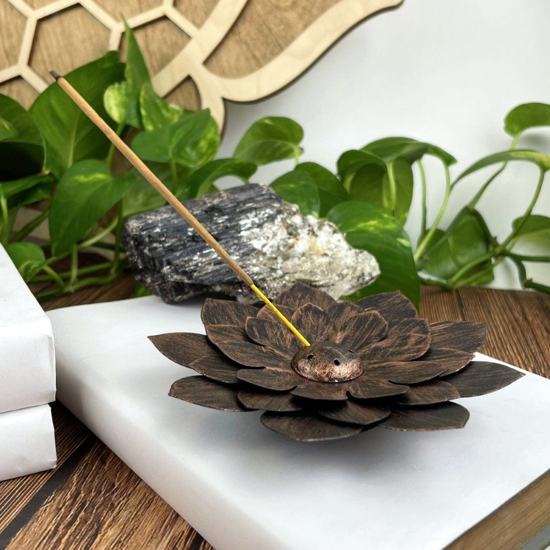 Metal Lotus Incense Holder Burner from side showing thickness of item
