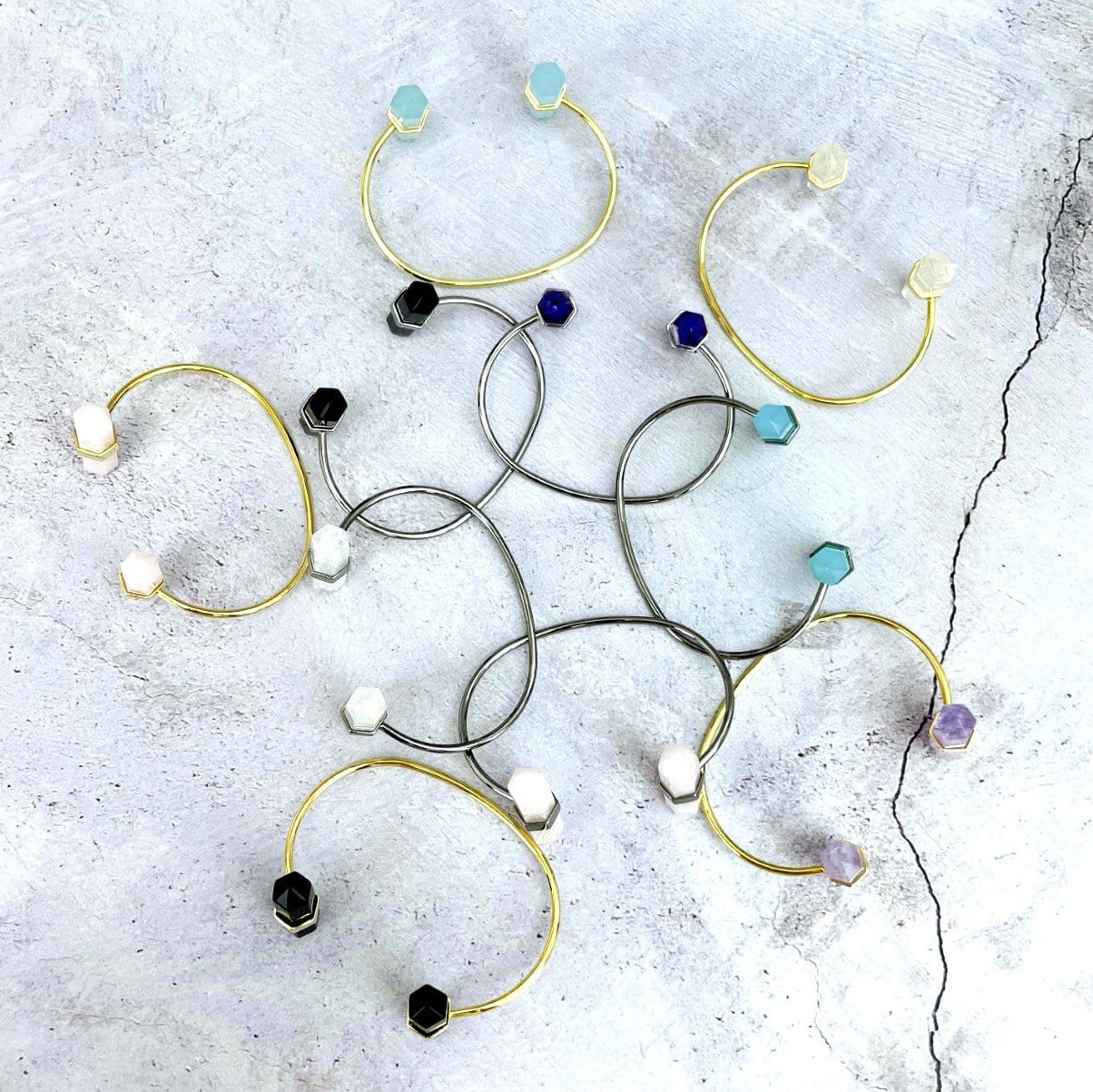 10 Crystal Point Cuffs in gold and silver in various crystals