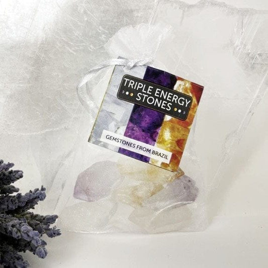 Triple Energy Set of Quartz, Amethyst and Citrine Points - Tied & Tagged in Organza Bag