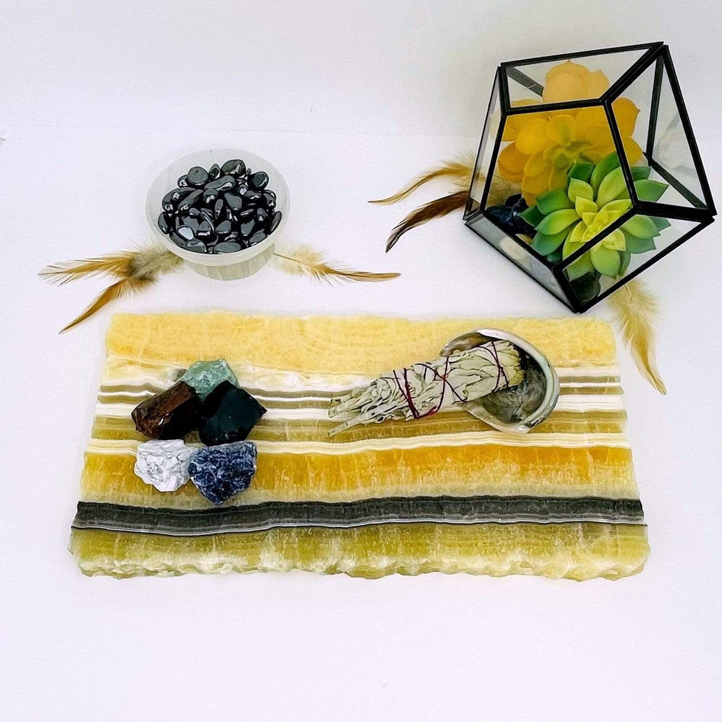 Mexican onyx platter with decorations in the background