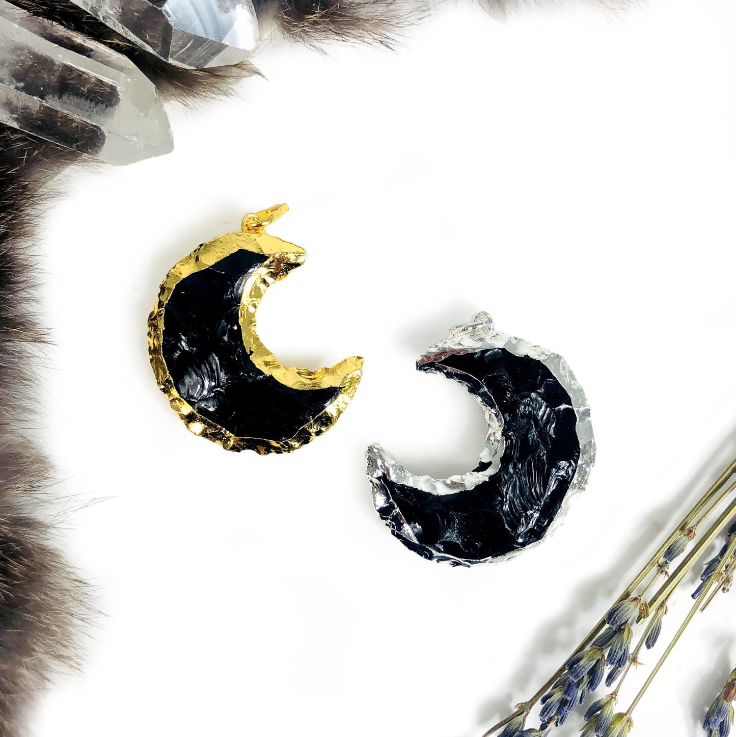black obsidian pendants available in electroplated gold or silver 