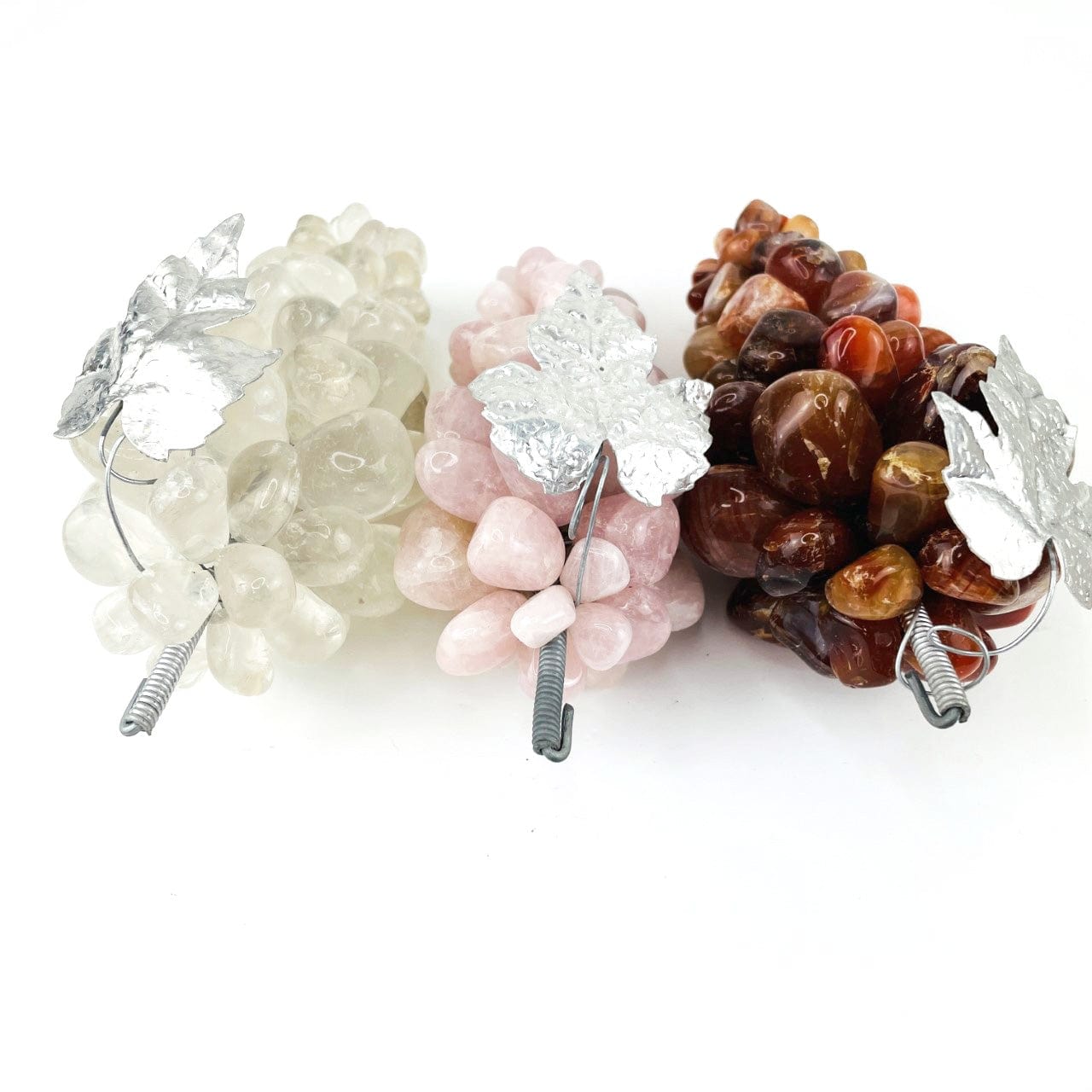 3 kinds of Polished Stone Grape Bunch with Silver Leaf , crystal Quartz, Rose Quartz and Carnelian, showing top stem area