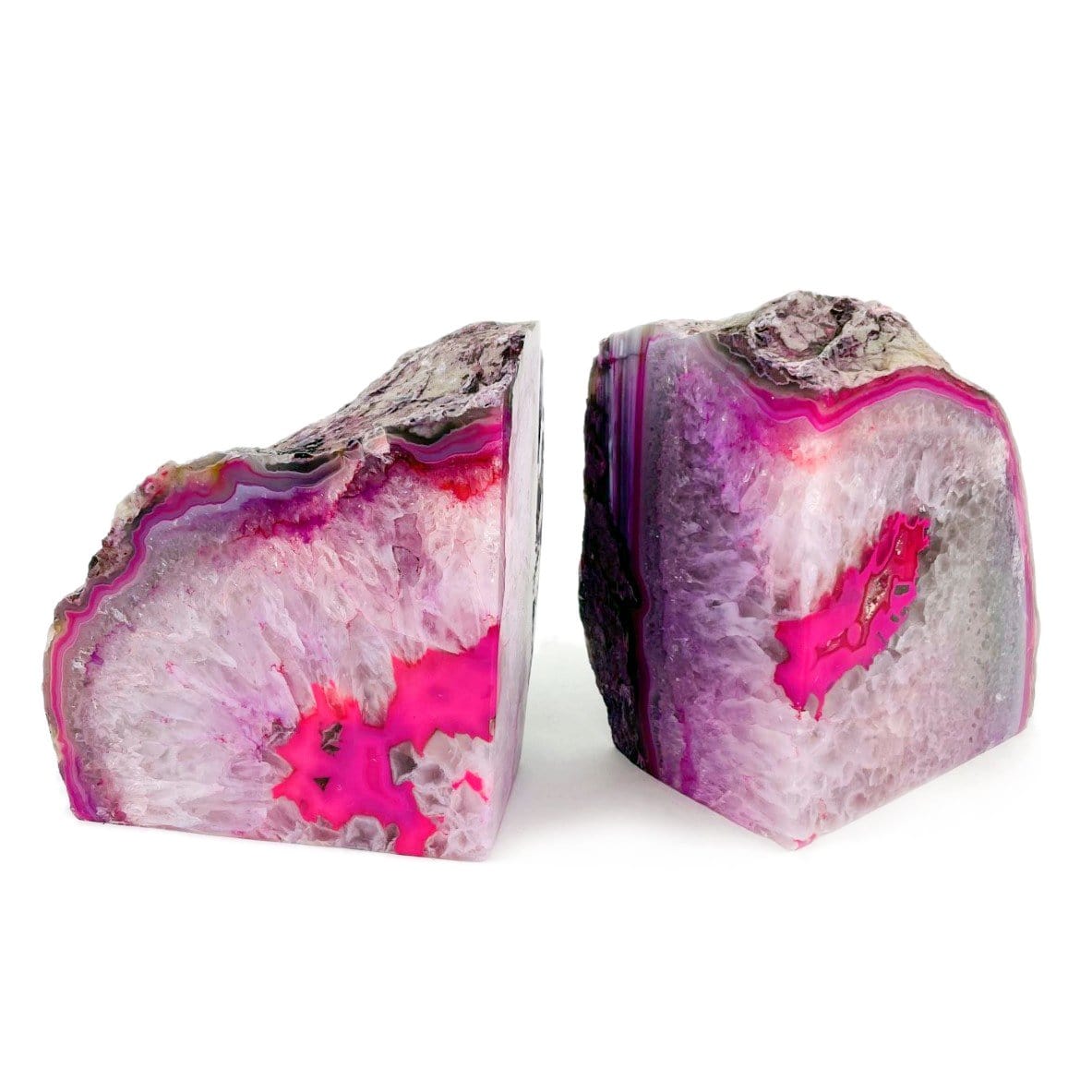 Pink agate bookend pair on a white background.