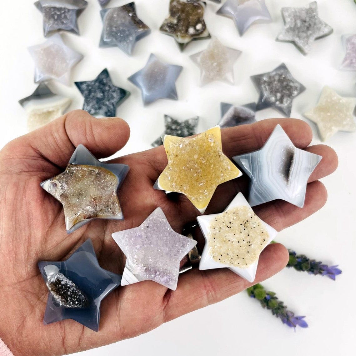Agate Druzy Star Crescent Cabochons - Natural Agate in a hand for size reference.
