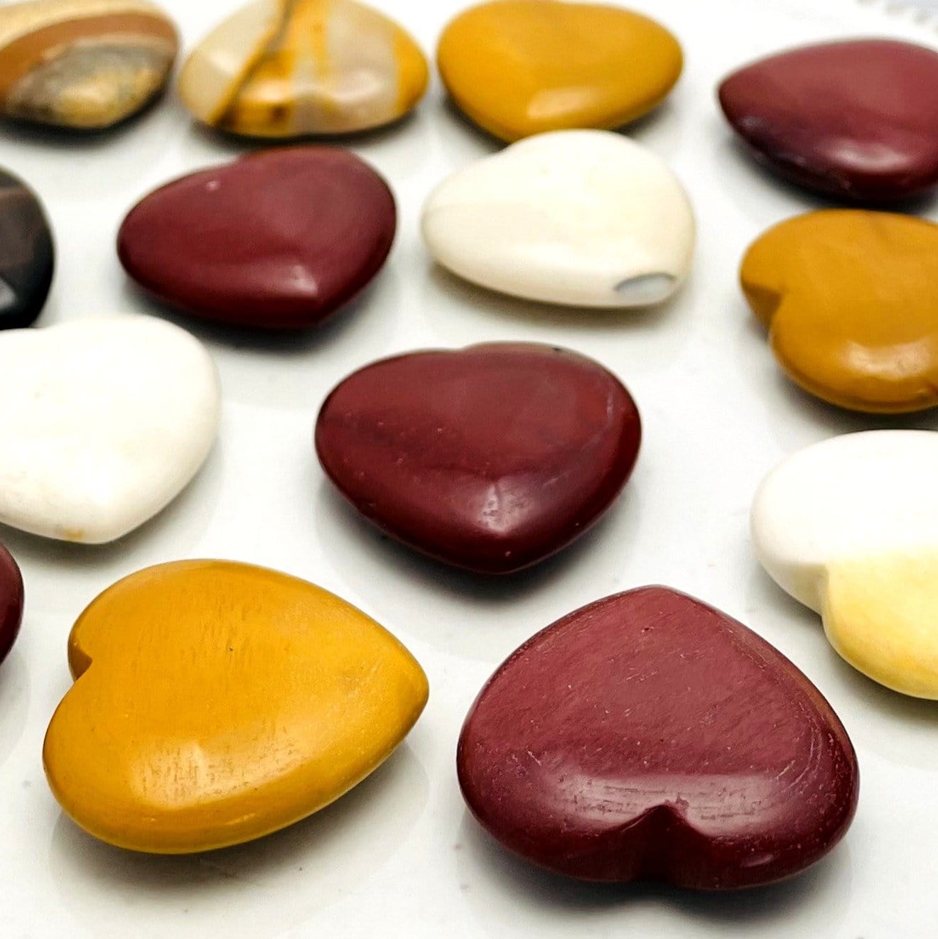 mookaite hearts close up on a table