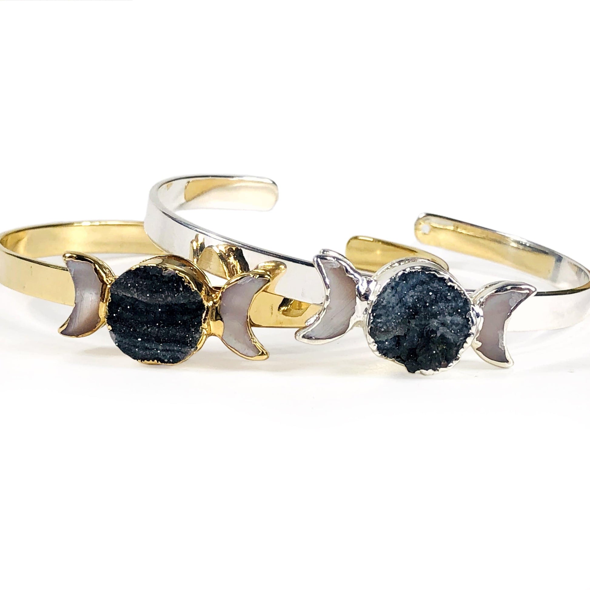 Close up of the front of the 2 Moon Phase Bracelet in Gold and Silver 