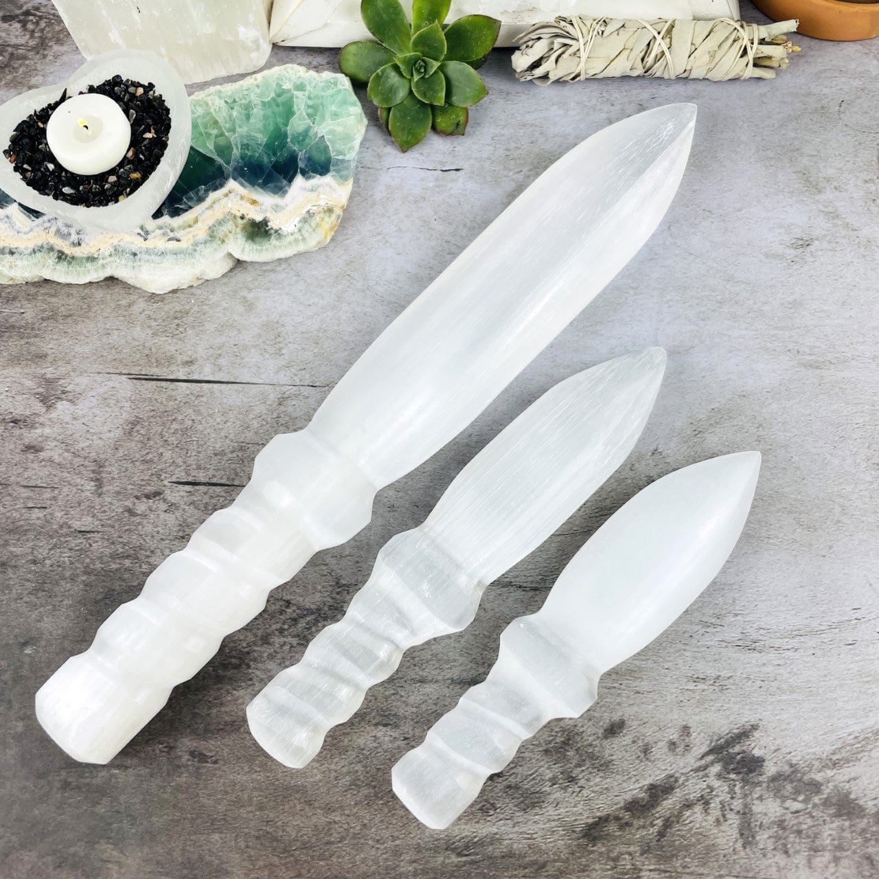 3 sizes of Selenite Knives with Twisted Handles