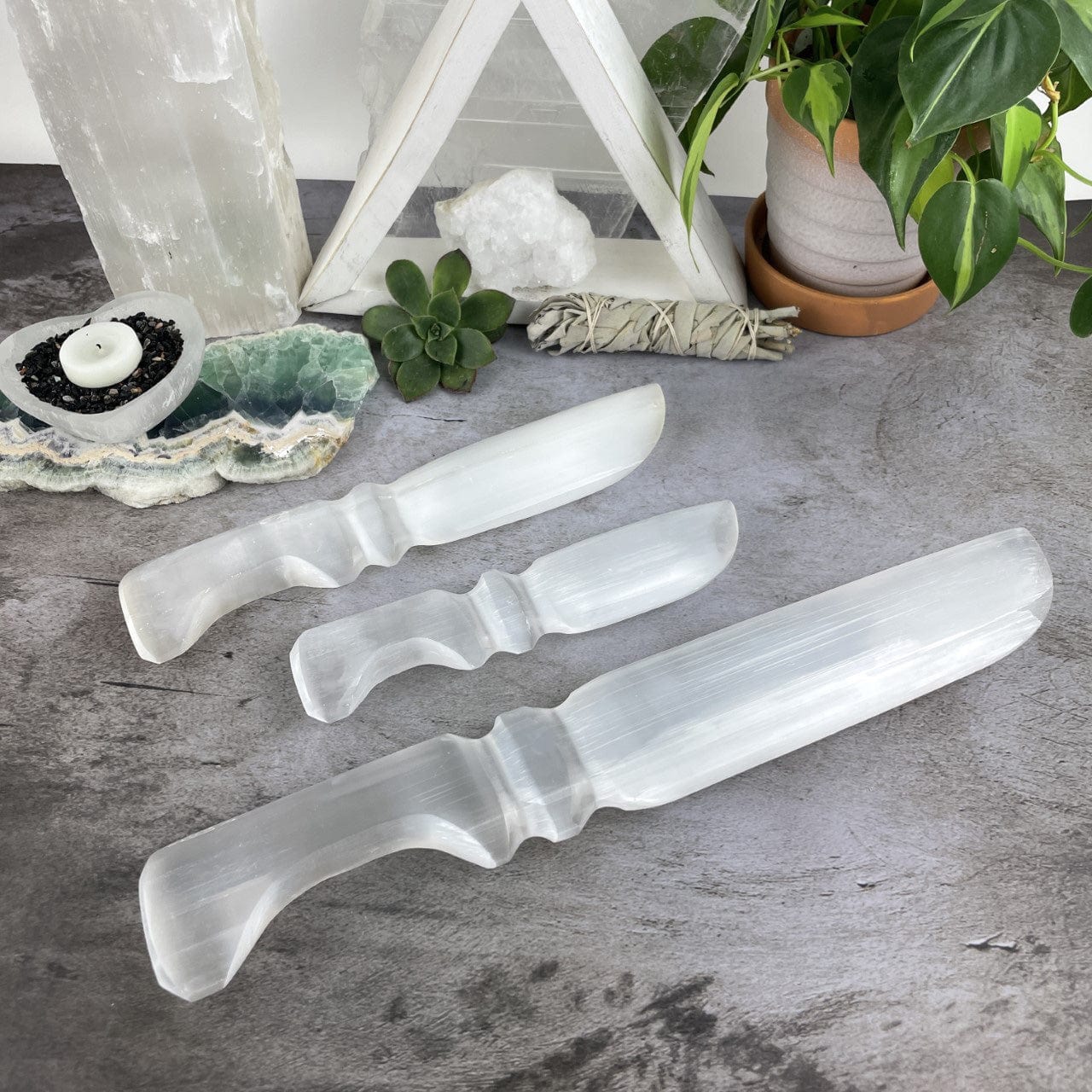 3 sizes of Selenite Knives with Hand Cut and Polished Handles