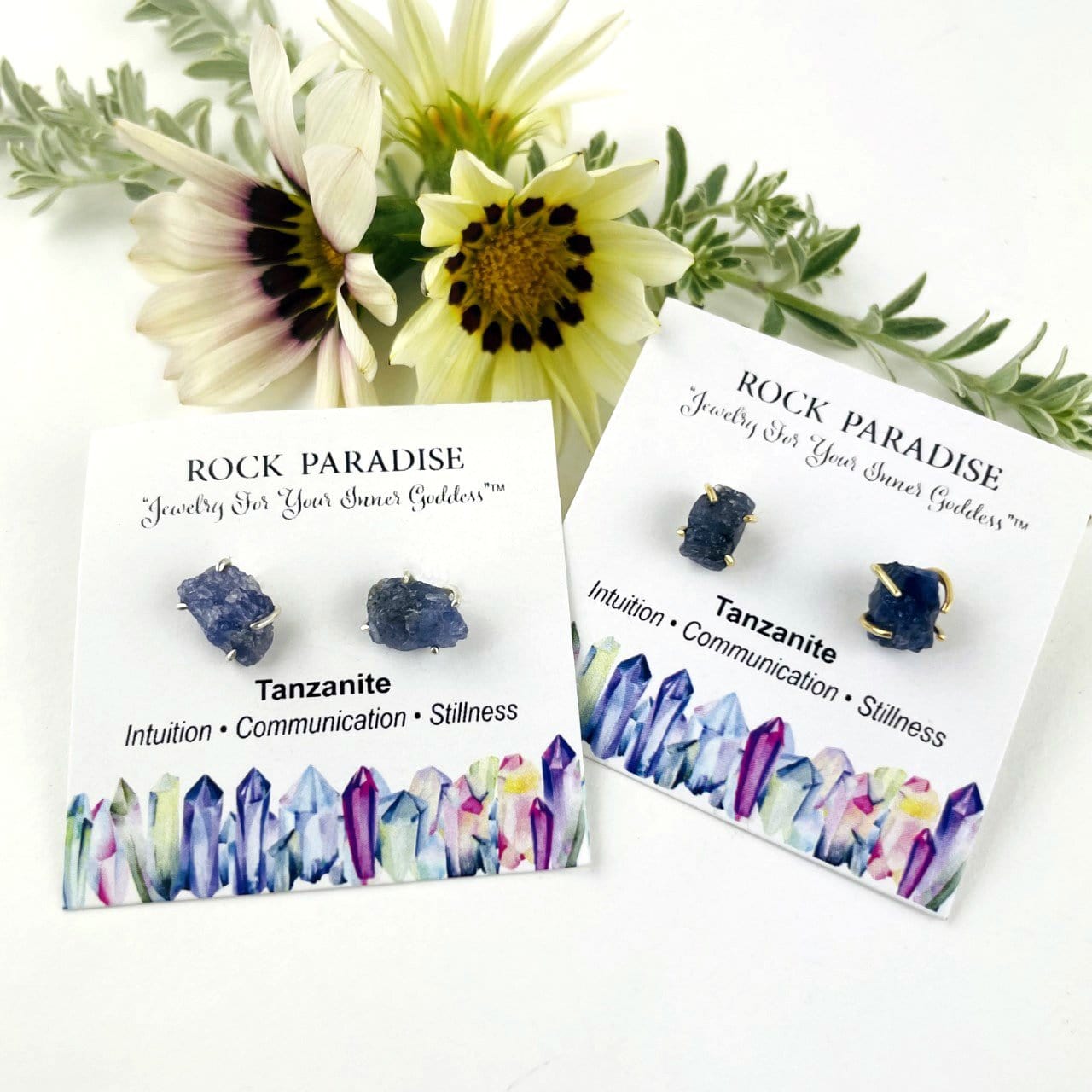 Tanzanite Gemstone Stud Earrings in gold and silver