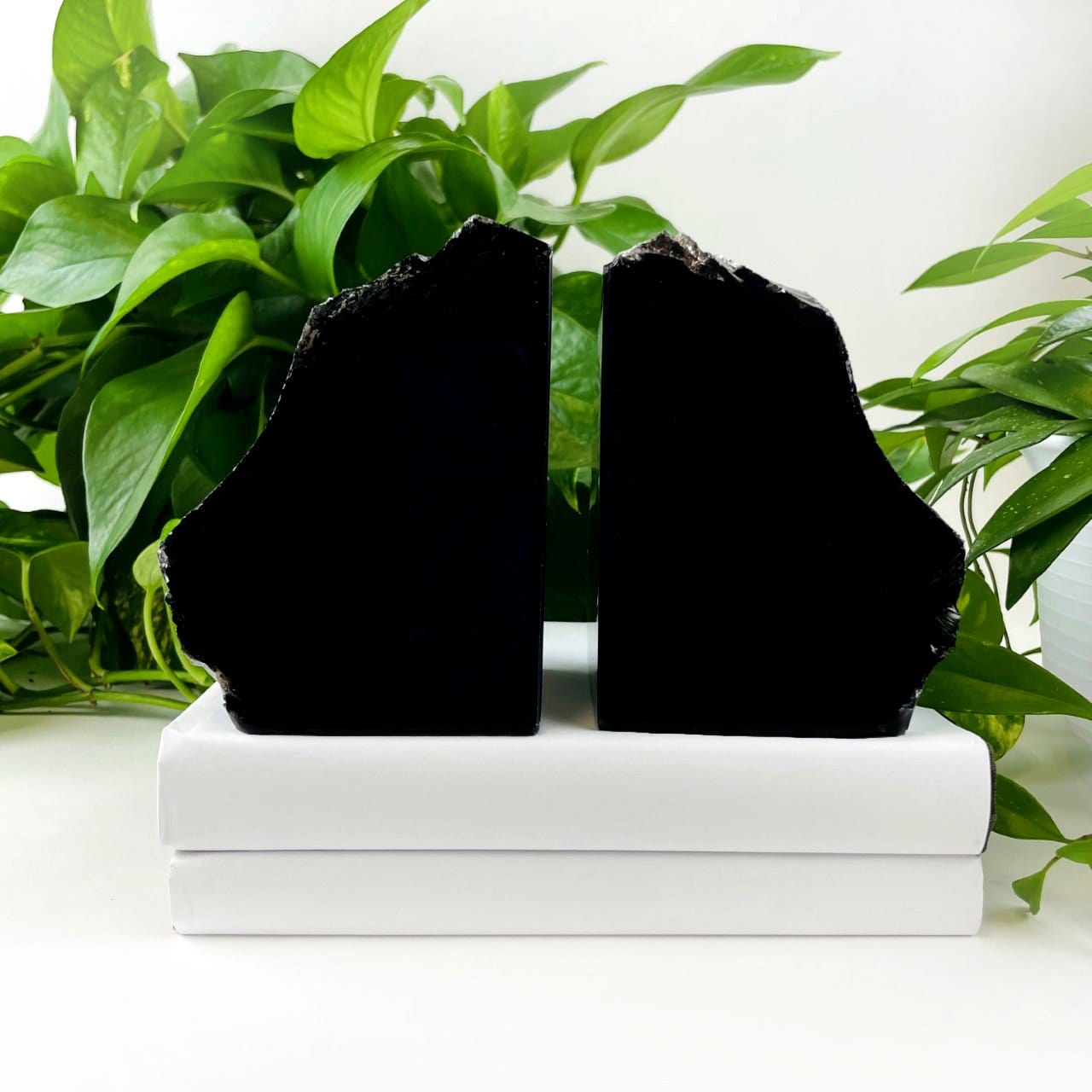 up close of the Polished Black Obsidian Bookend Set 