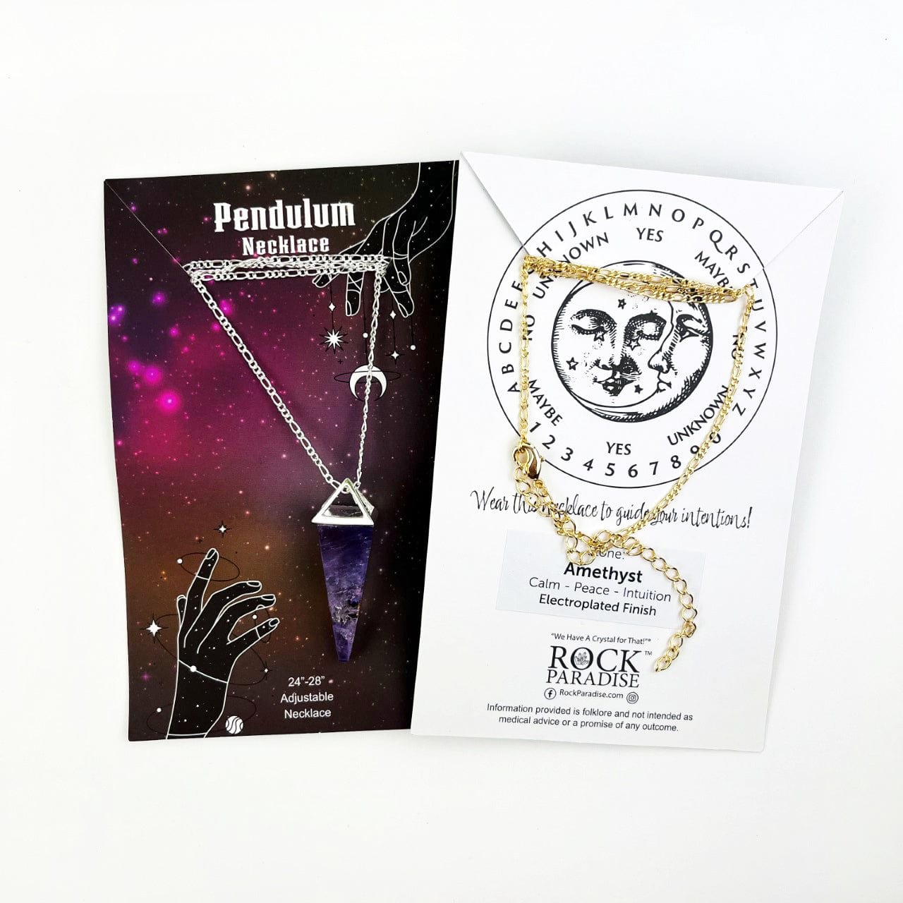 an amethyst pendulum necklace carded, showing fron and back side