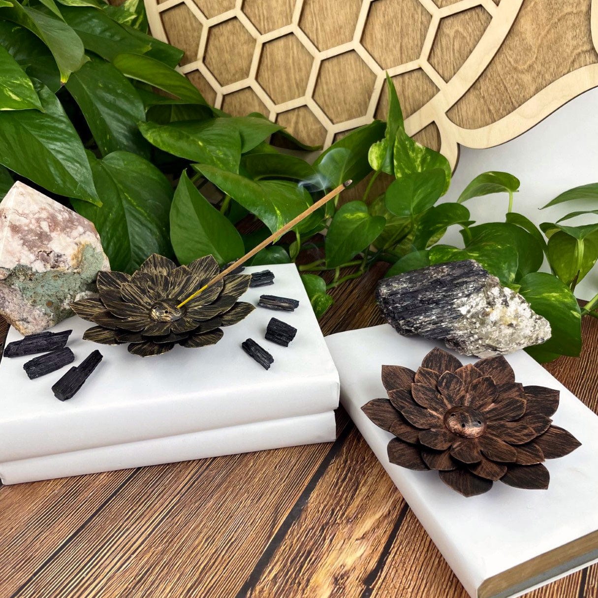 Metal Lotus Incense Holder Burner shown here in copper color and golden color