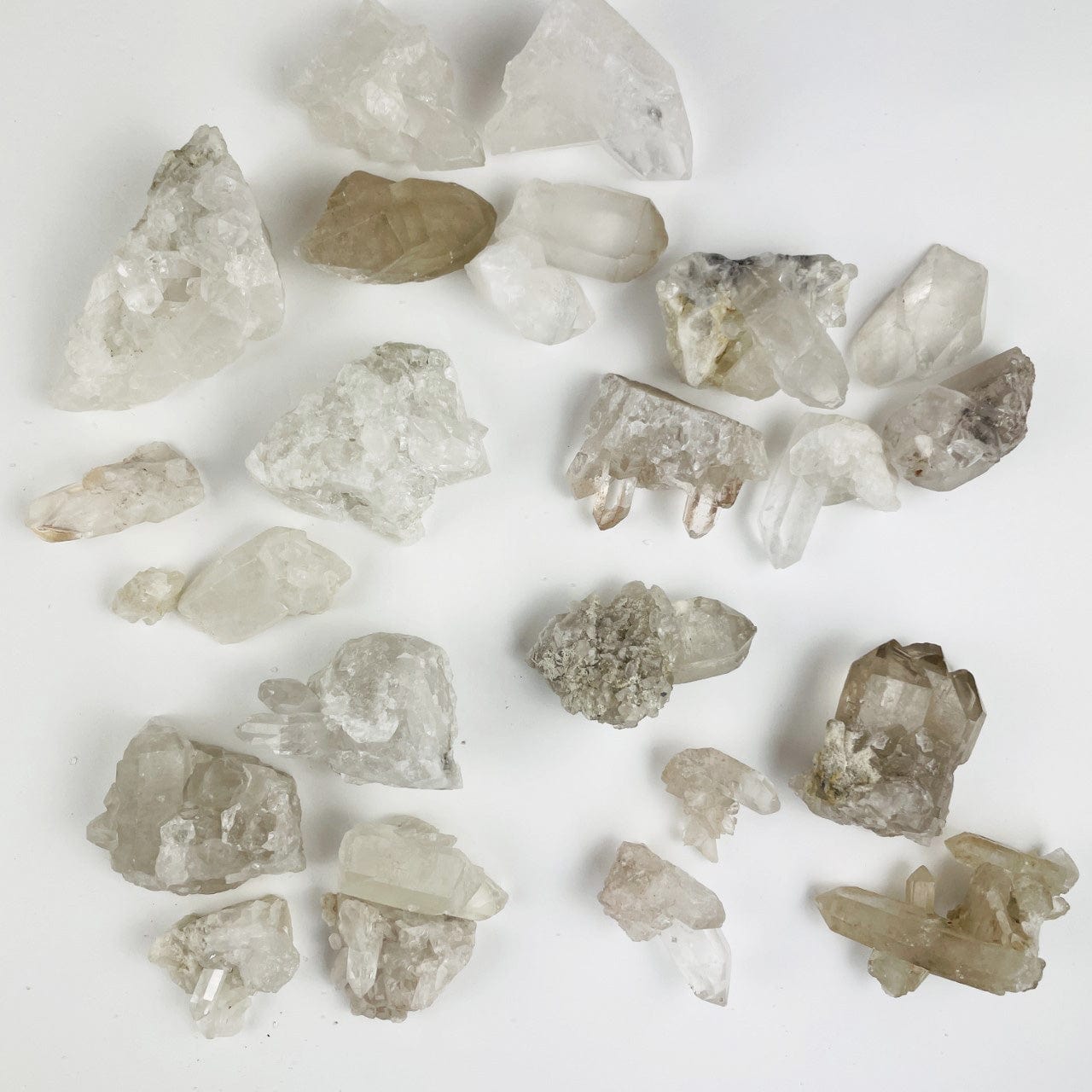lots of crystals from these sets laid out so you can see the variety you might receive