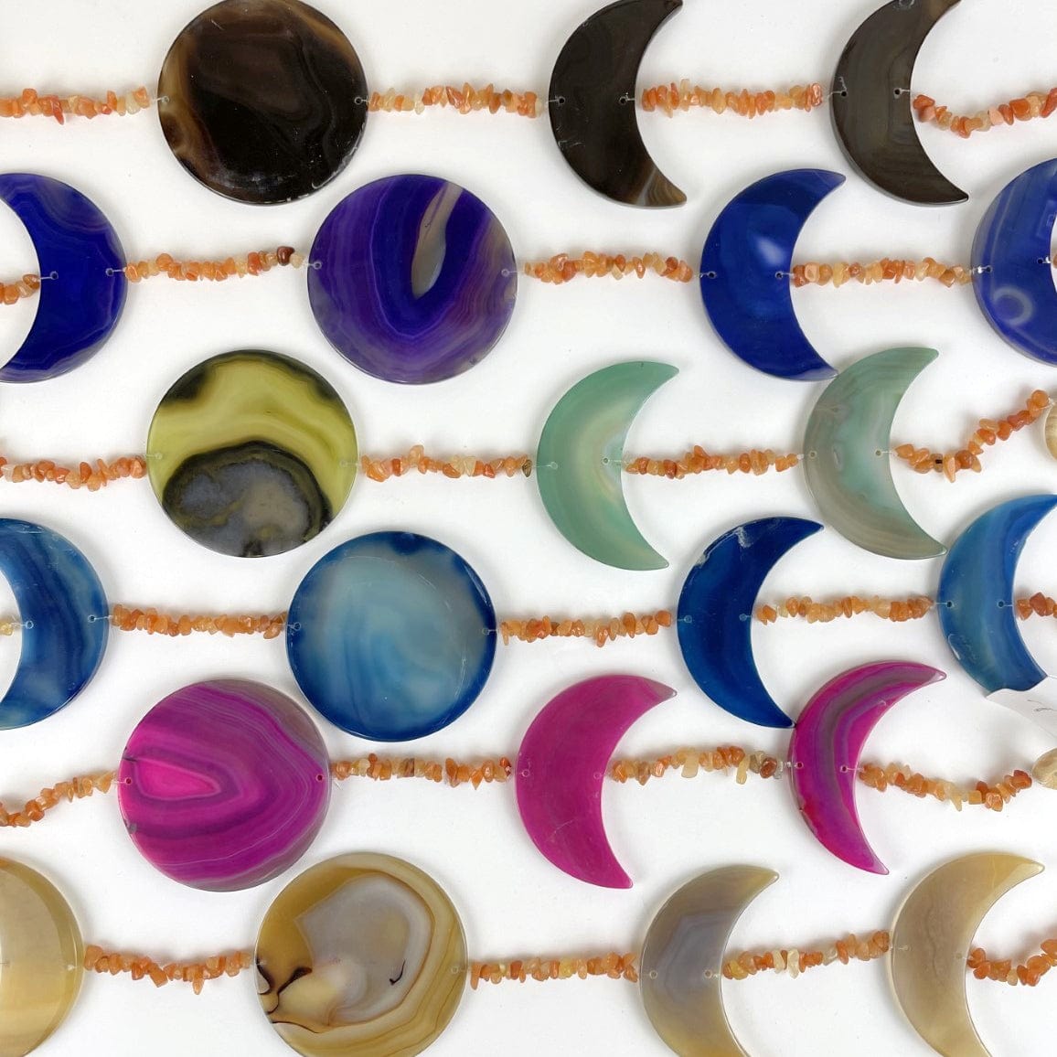 Agate Moon Phase Horizontal Wall Hangings with Carnelian Beads up close