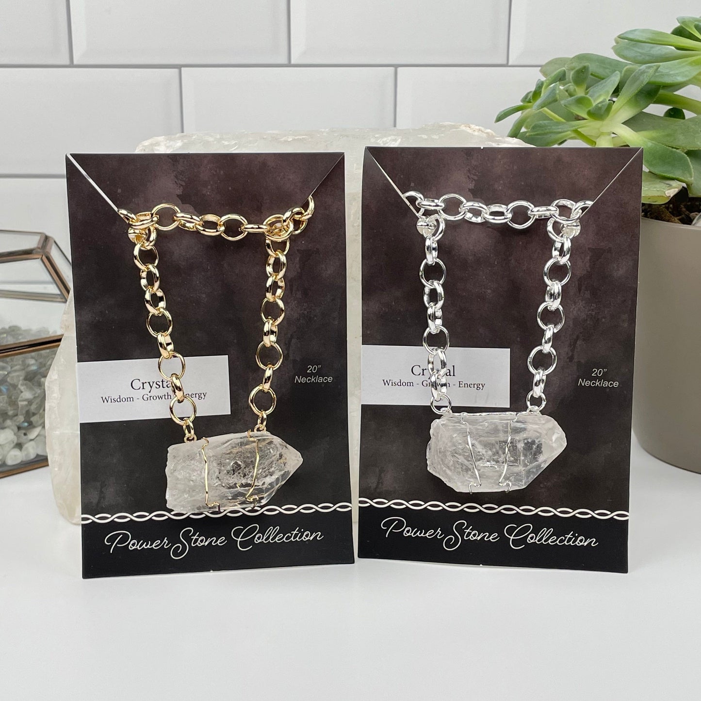 Power Stone Crystal Necklaces come in gold or silver. available in crystal quartz point 