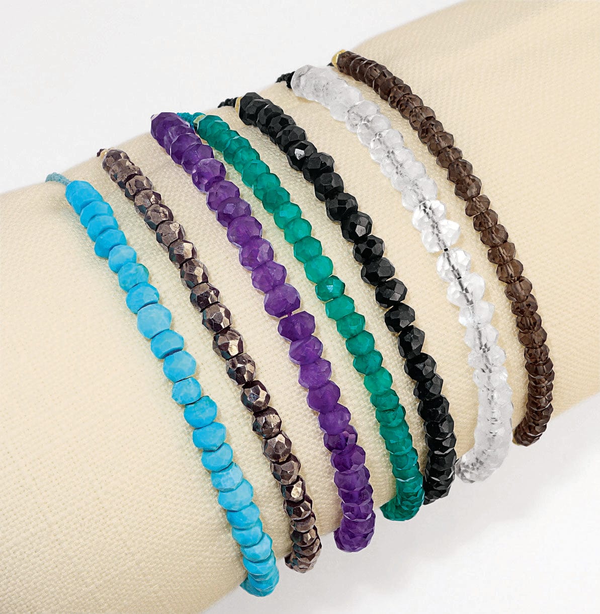Gemstone Bracelet - Adjustable Cord with Gold Plated over Sterling Silver Beads one of each stone available, pyrite, moonstone, green onyx, labradorite, amethyst, black spinel, smoky quartz, and chinese turquoise up close