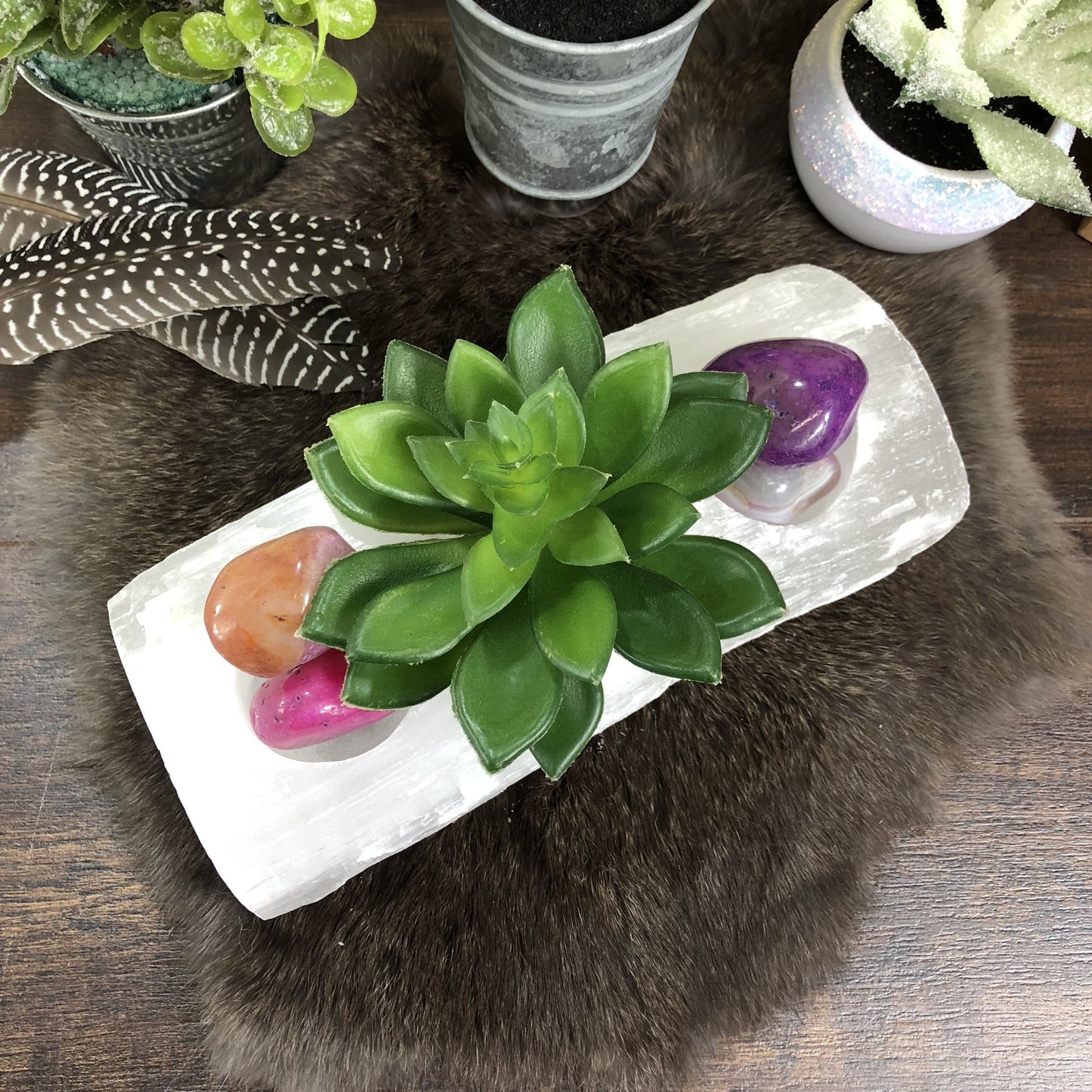 overhead view of 3 votive selenite candle holder