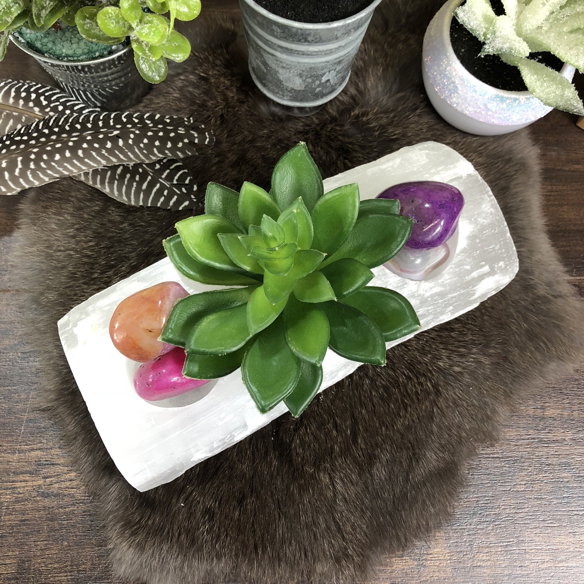 overhead view of 3 votive selenite candle holder