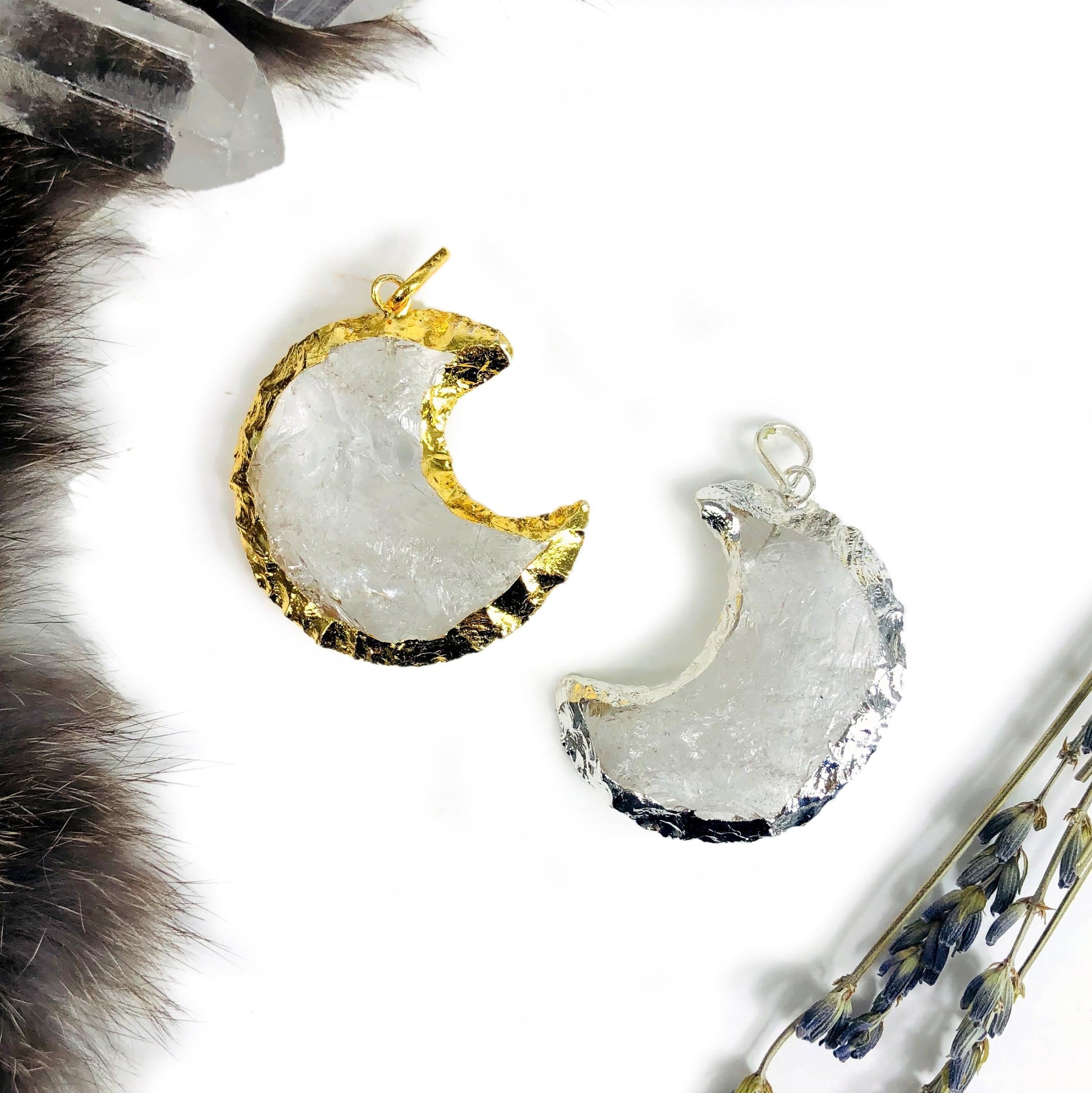 crystal quartz pendants available in electroplated gold or silver