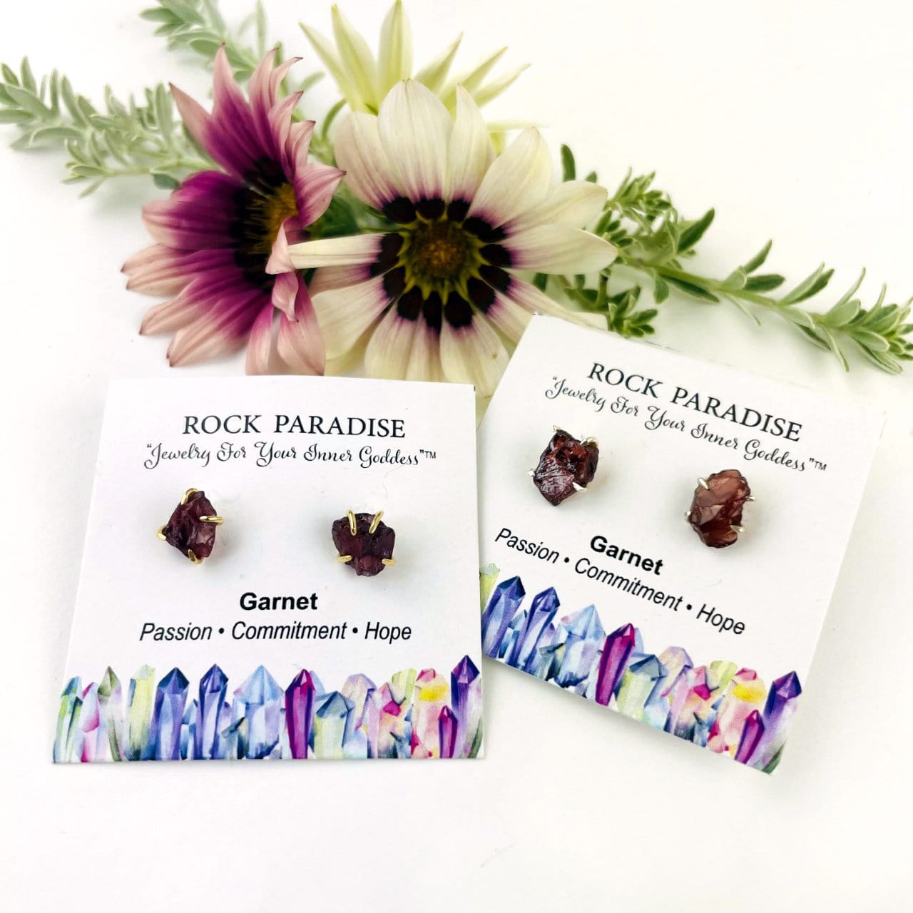 Garnet Gemstone Stud Earrings in gold and silver