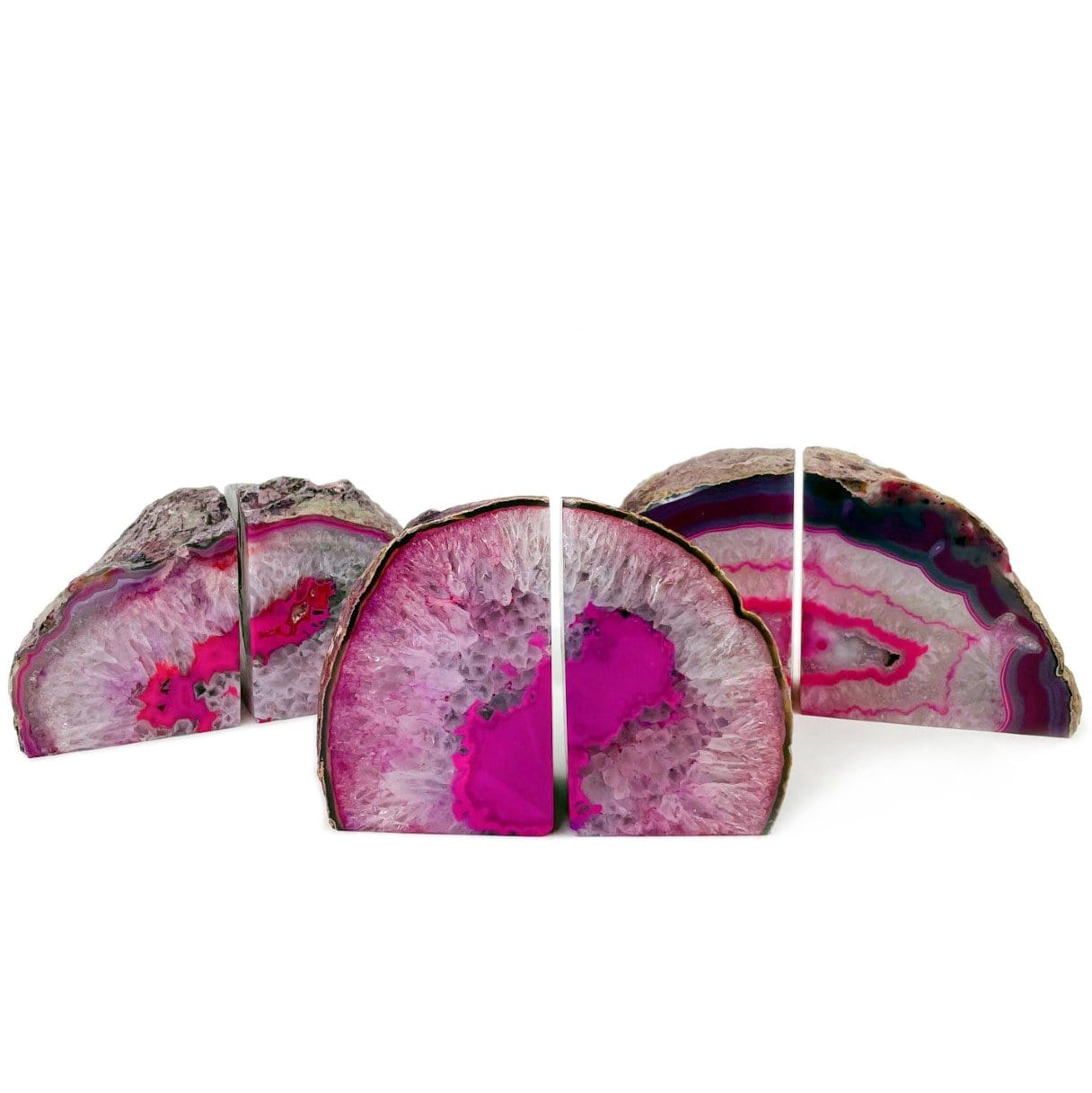 three Pink agate bookend pair on a white background.
