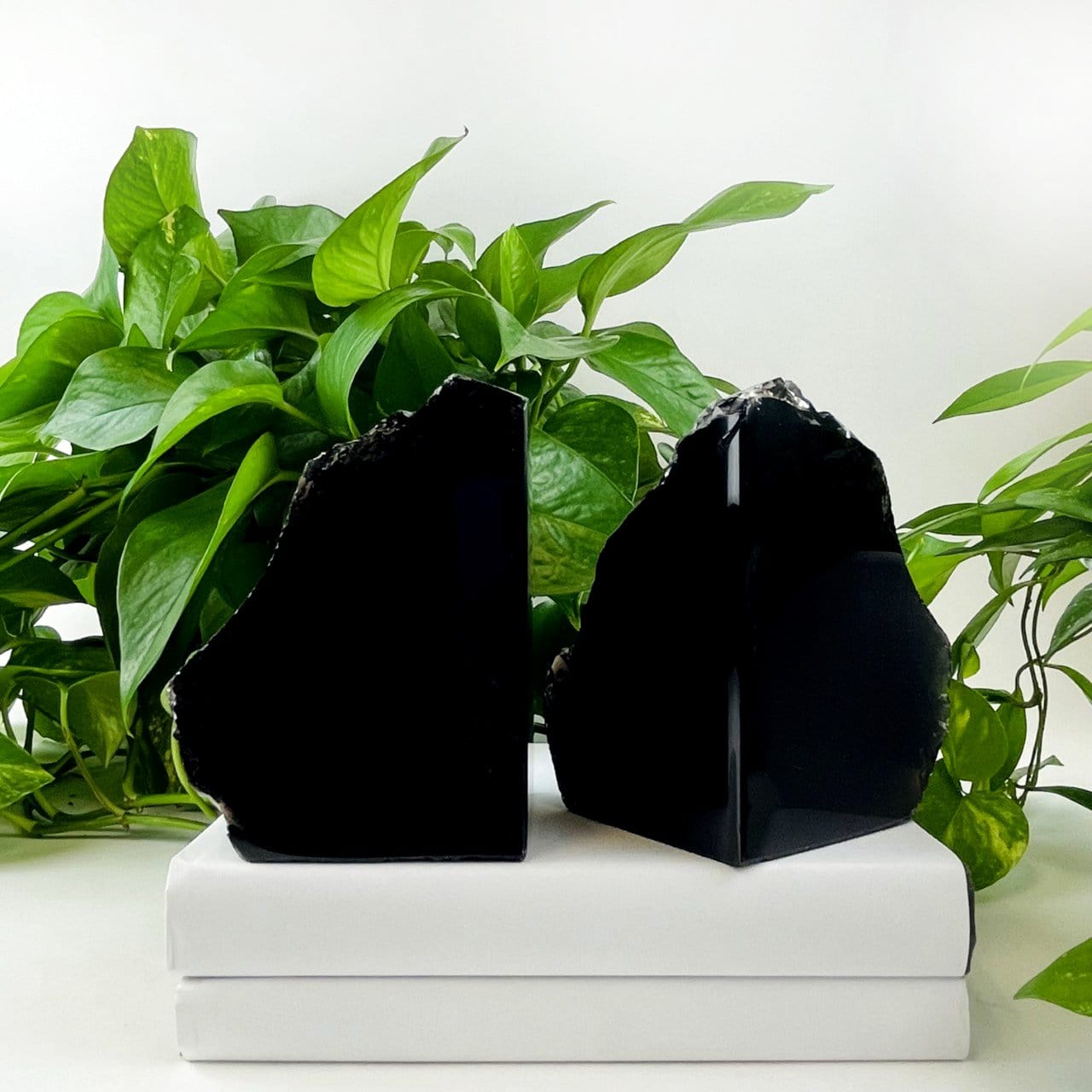 Black Obsidian Bookend displayed front view and inner side view to show thickness and characteristics