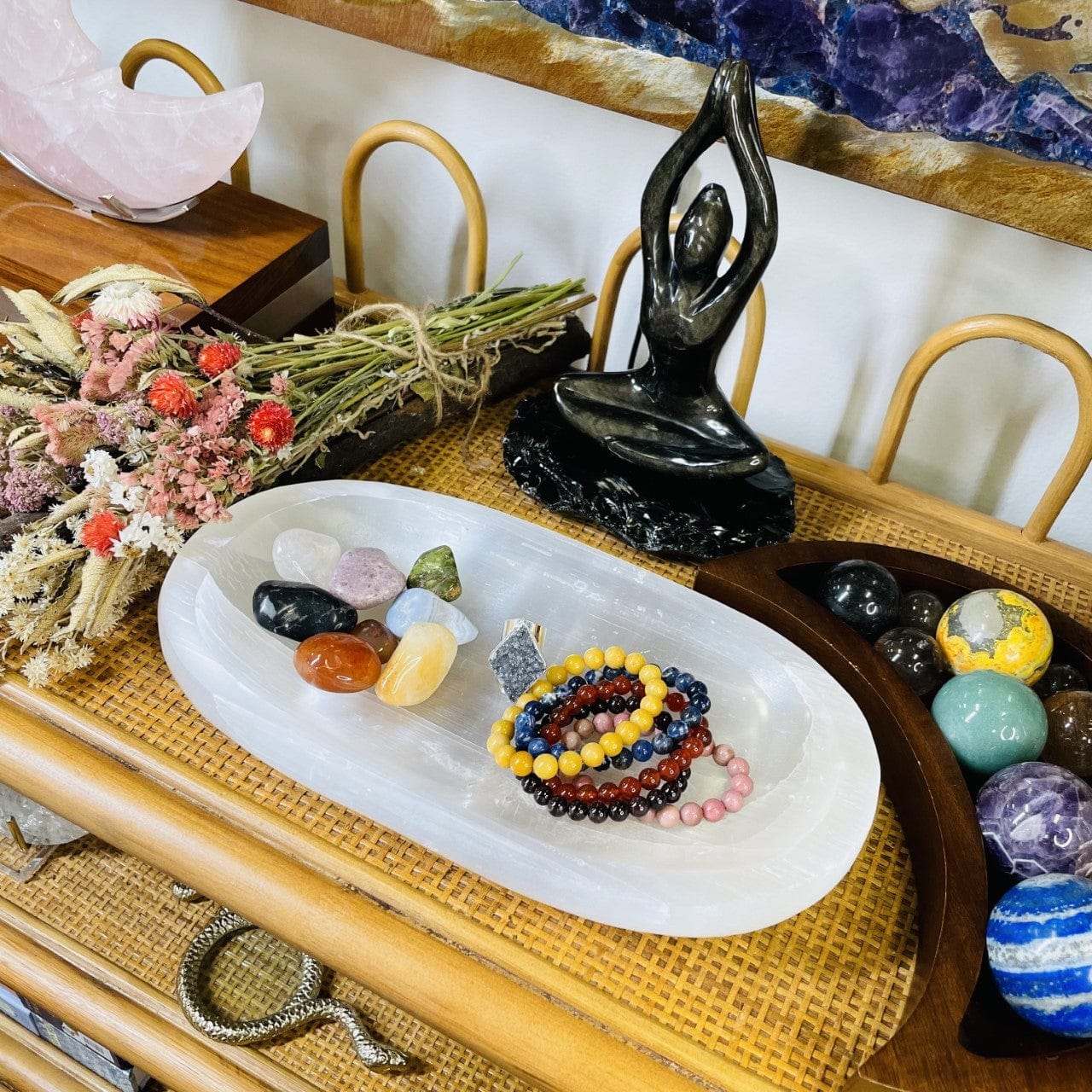 Selenite Extra Large Oval Bowl - Charging Station with stones and Jewelry in it