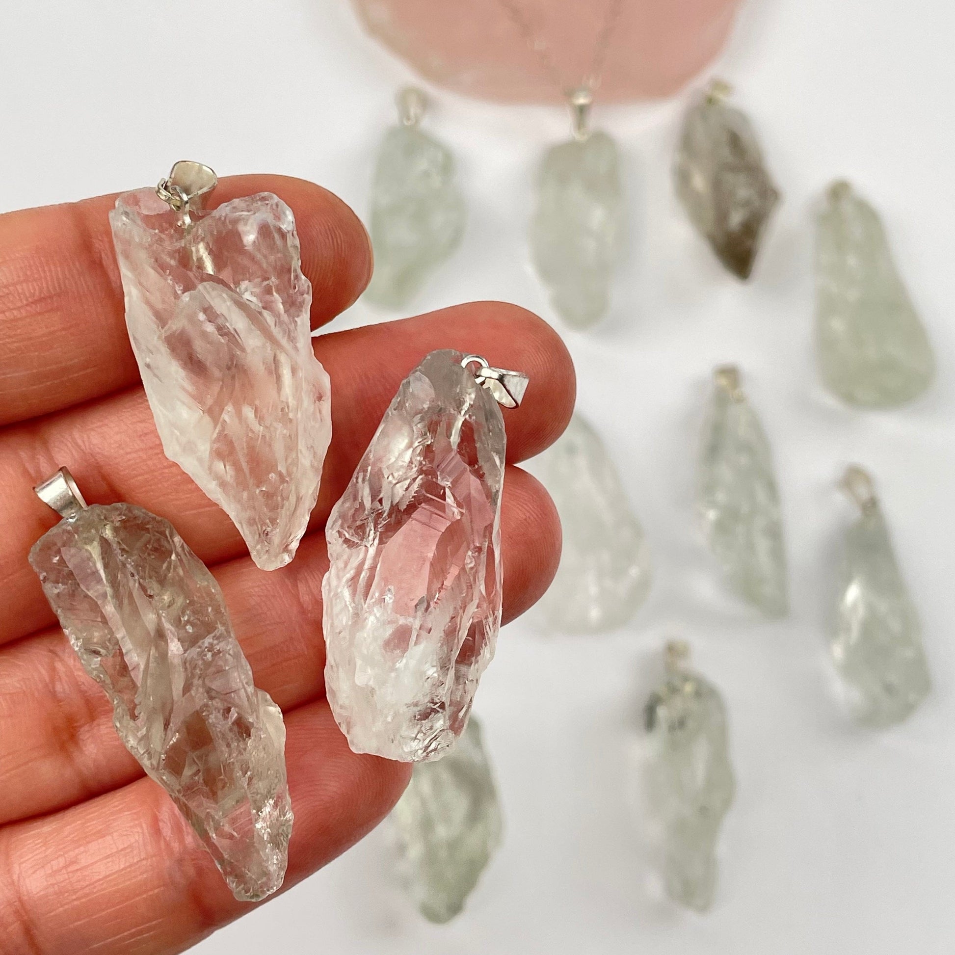 close up of the details on the prasiolite pendants 