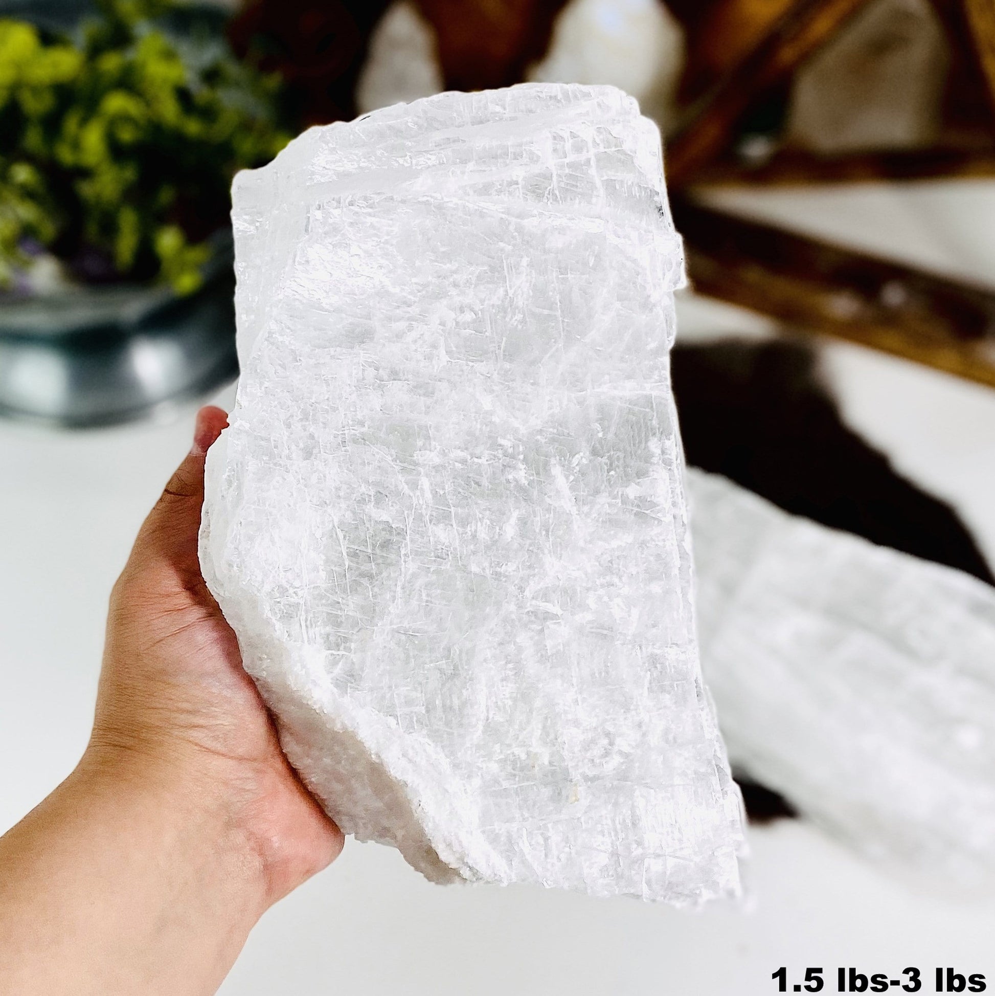 1.5lb - 3lb selenite transparent slab in hand for size reference