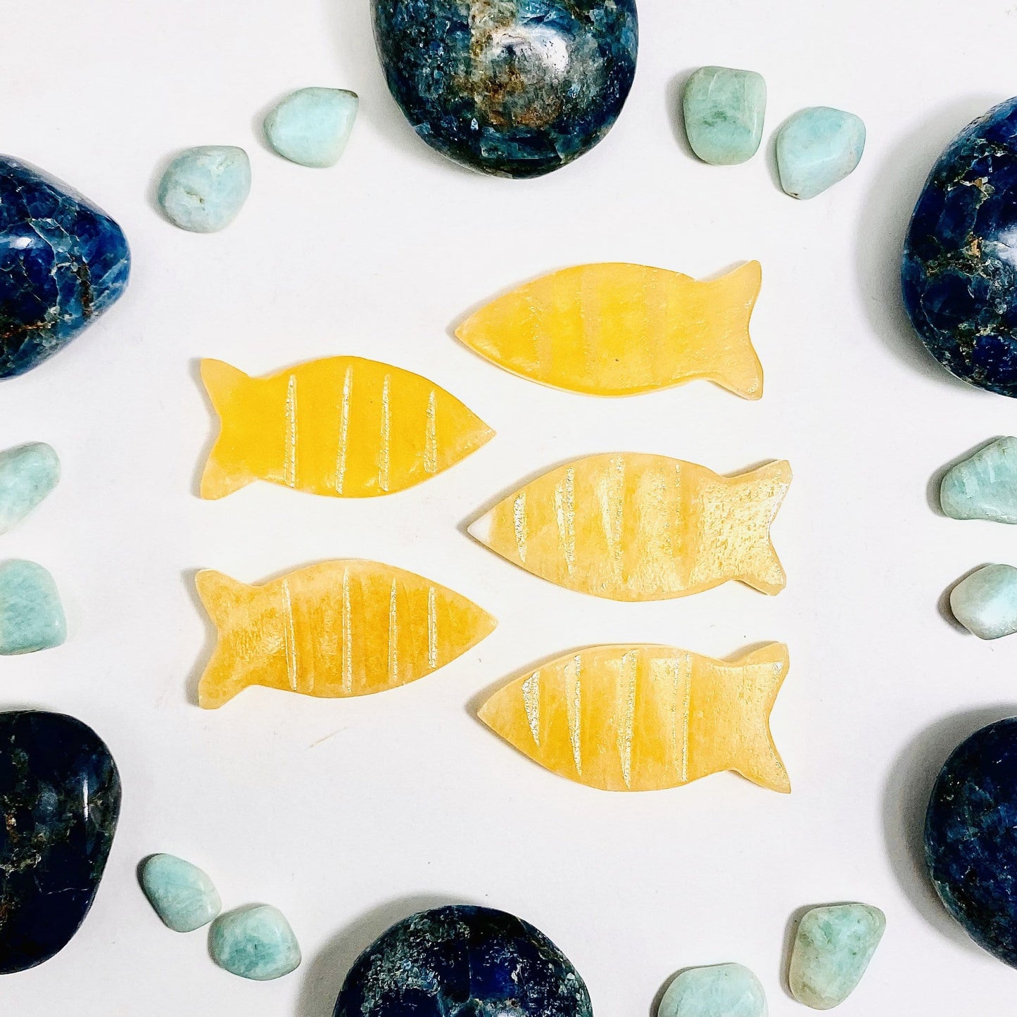 Orange Calcite Fish Slices - 5 on a table